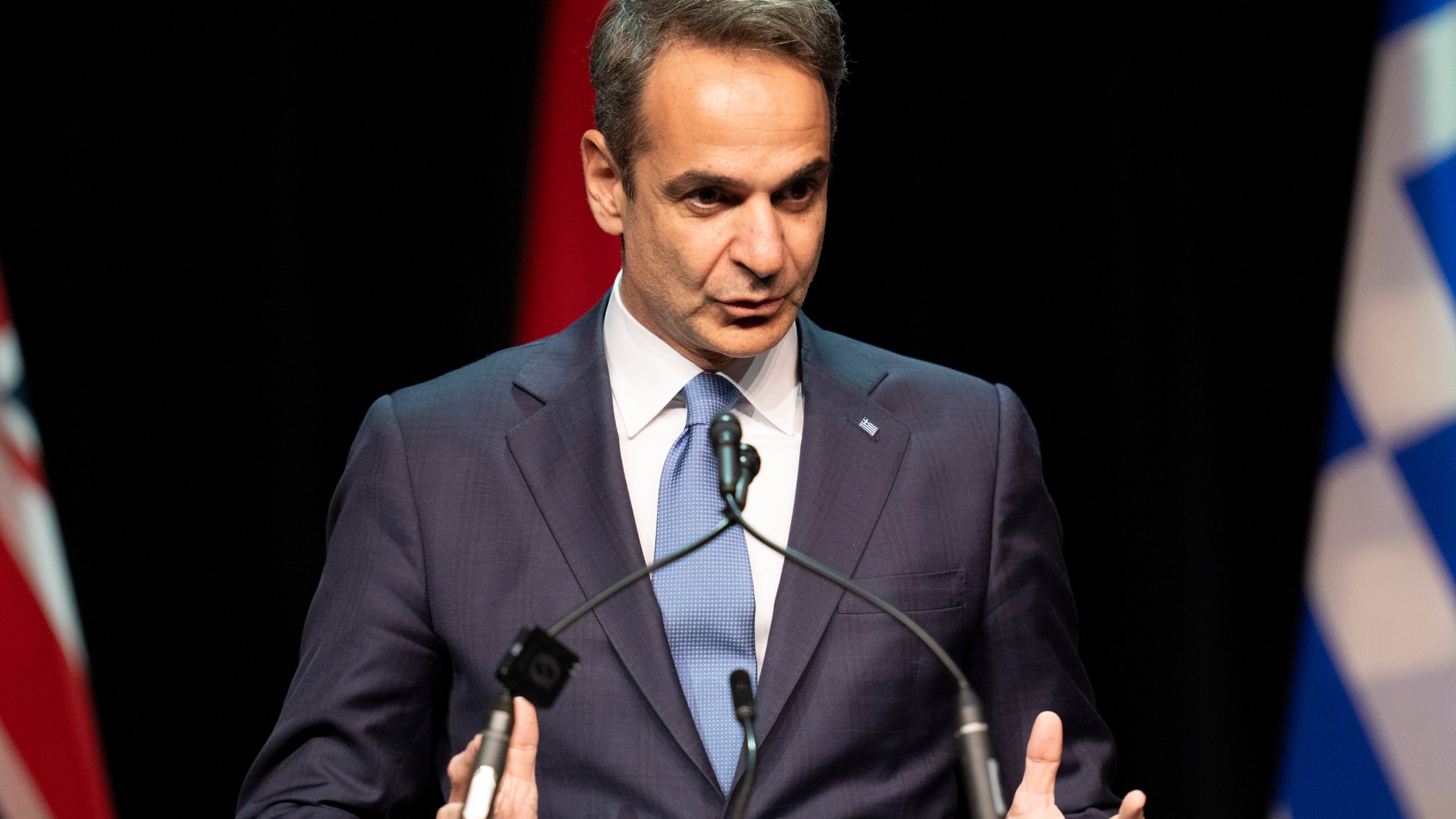 Prime Minister of Greece Kyriakos Mitsotakis speaks at an event hosted by the Hellenic community in Toronto on Monday, March 25, 2024. (Arlyn McAdorey/The Canadian Press via AP)