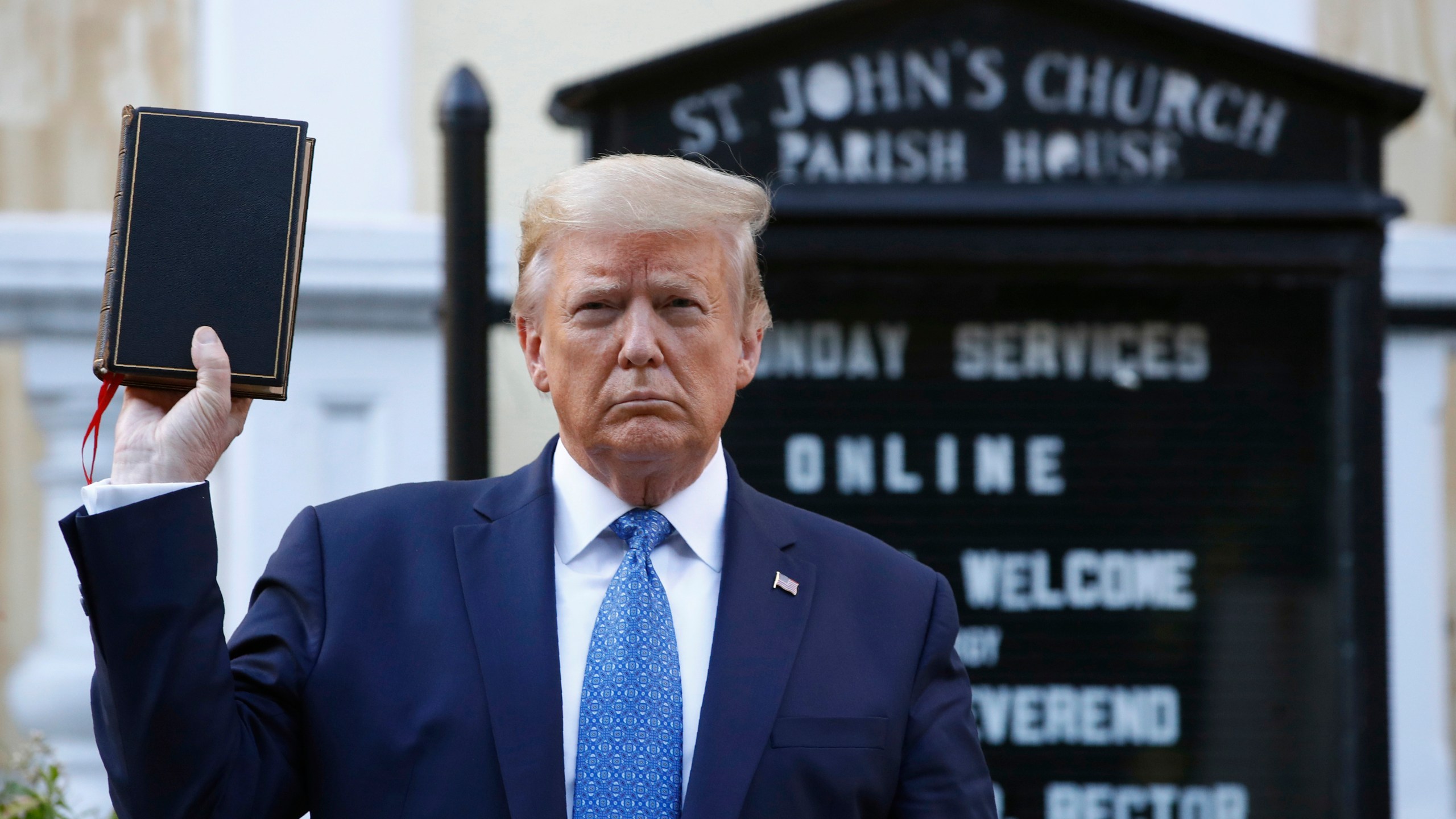 FILE - President Donald Trump holds a Bible as he visits outside St. John's Church across Lafayette Park from the White House, June 1, 2020, in Washington. Trump is now selling Bibles as he runs to return to the White House. The presumptive Republican nominee released a video on his Truth Social platform Tuesday urging his supporters to purchase the “God Bless The USA Bible." (AP Photo/Patrick Semansky, File)