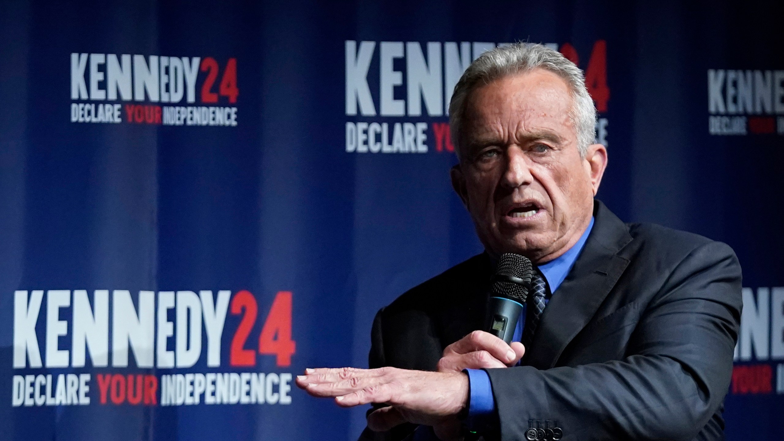 FILE - Presidential candidate Robert F. Kennedy Jr., speaks during a campaign event at the Adrienne Arsht Center for the Performing Arts of Miami-Dade County, Thursday, Oct. 12, 2023, in Miami. (AP Photo/Wilfredo Lee, File)