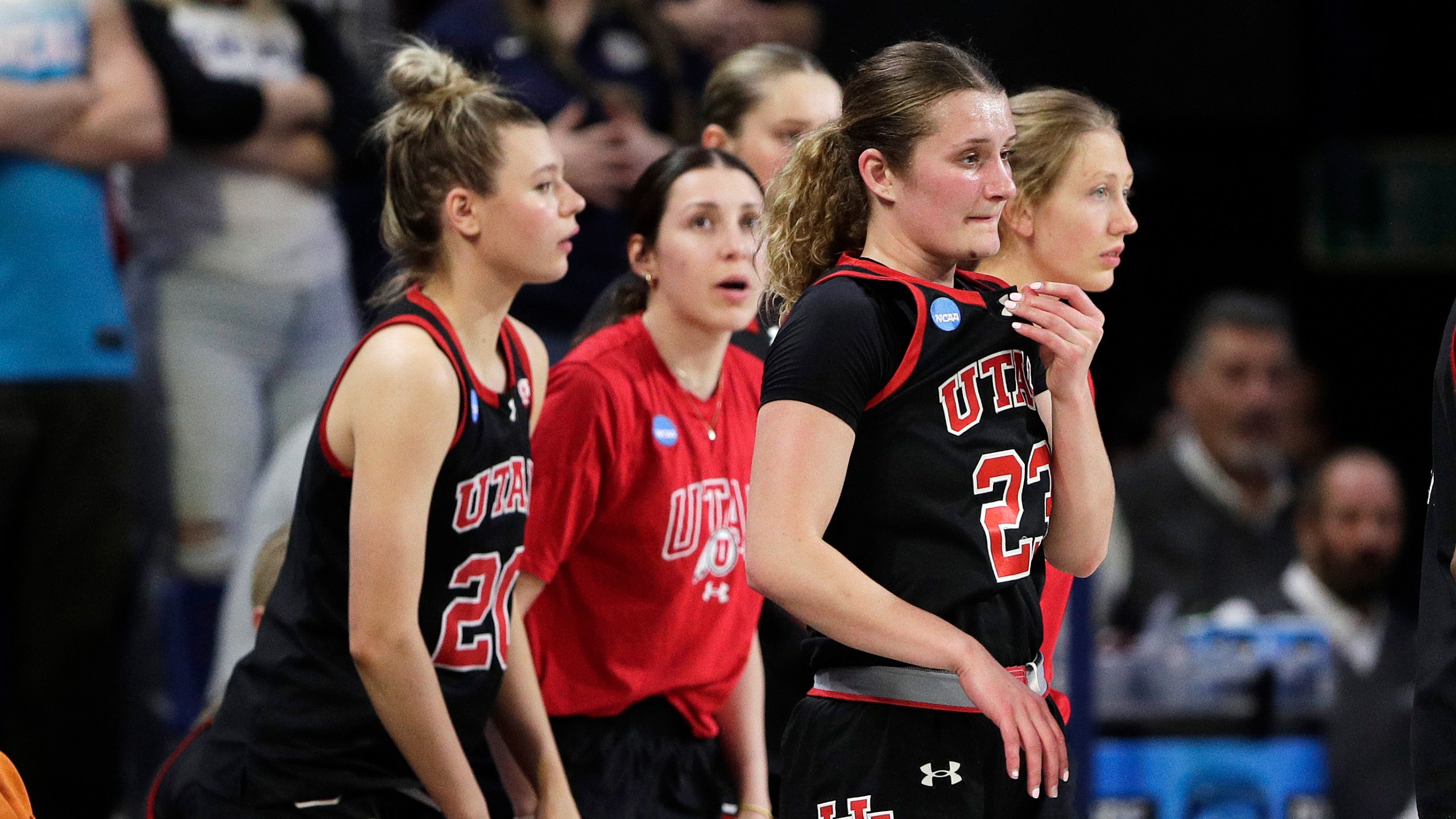 Utah players walk to a timeout late in a second-round college basketball game against Gonzaga in the NCAA Tournament in Spokane, Wash., Monday, March 25, 2024. (AP Photo/Young Kwak)