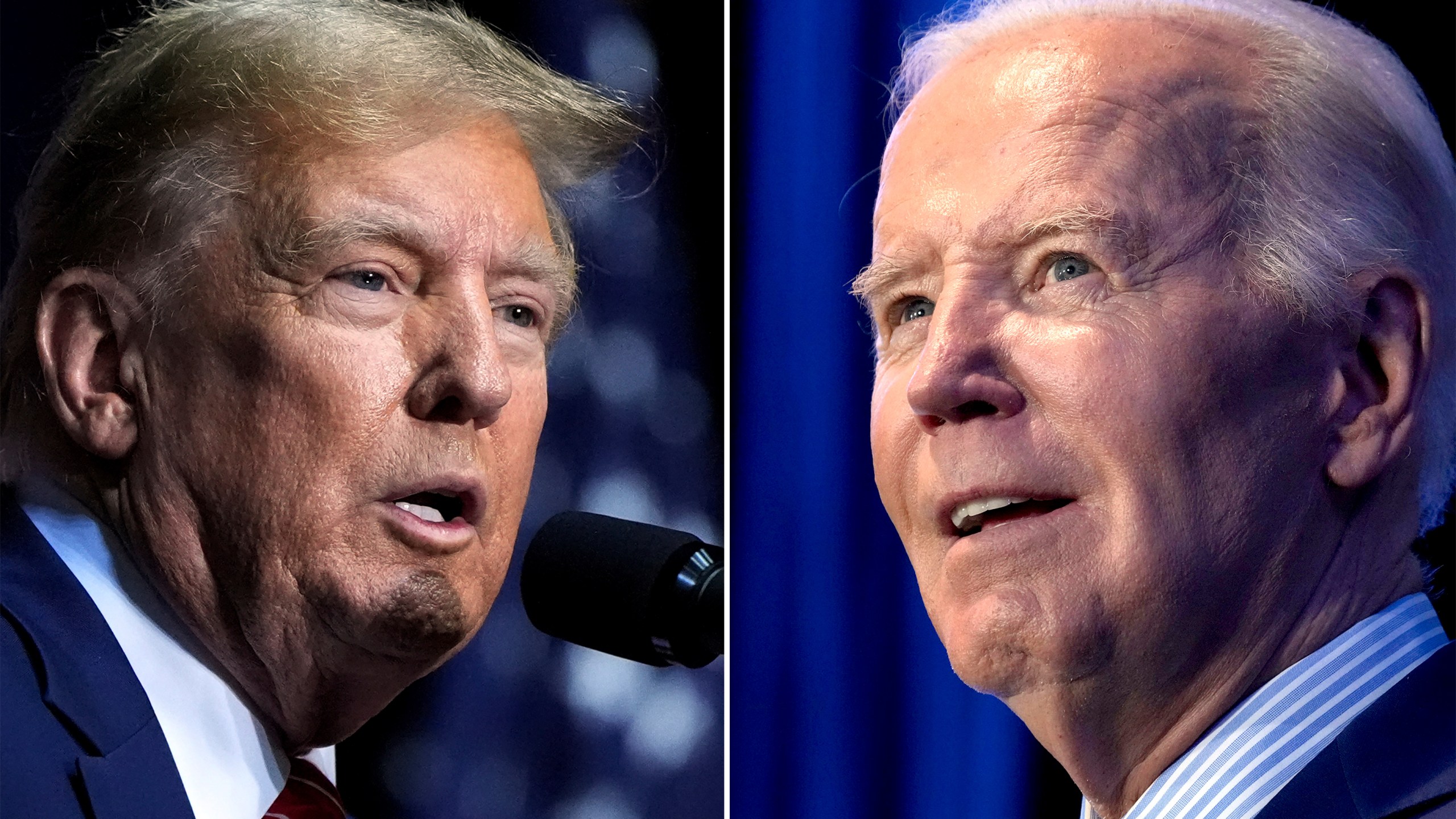 FILE - This combo image shows Republican presidential candidate former President Donald Trump, left, March 9, 2024 and President Joe Biden, right, Jan. 27, 2024. Many Americans are unenthusiastic about a November rematch of the 2020 presidential election. But presumptive GOP nominee Donald Trump appears to stoke more fear and anger among voters from his opposing party than President Joe Biden does from his. That's according to a new poll from The Associated Press-NORC Center for Public Affairs Research. (AP Photo, File)