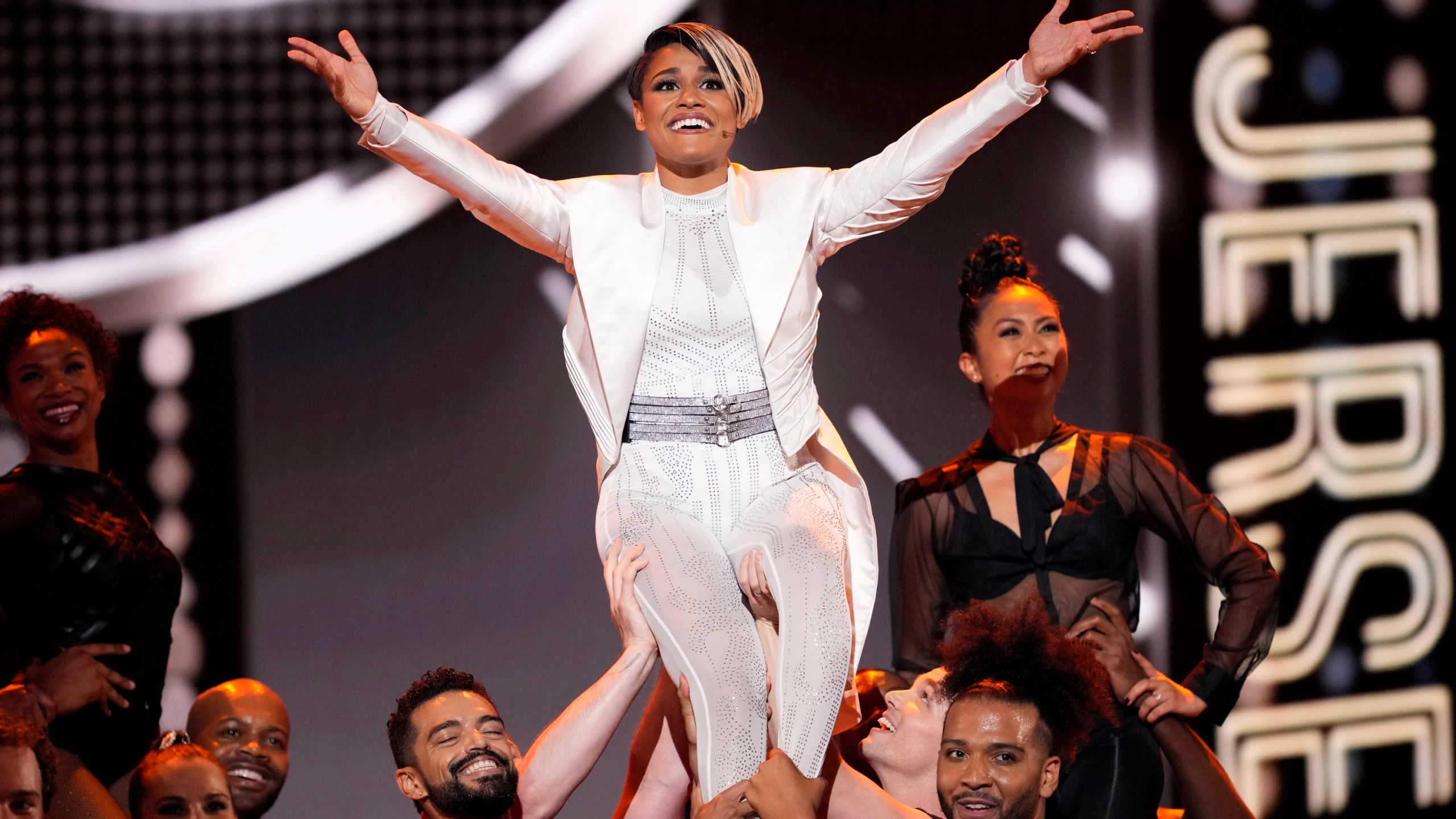 FILE - Host Ariana DeBose performs at the 75th annual Tony Awards on Sunday, June 12, 2022, at Radio City Music Hall in New York. (Photo by Charles Sykes/Invision/AP, File)