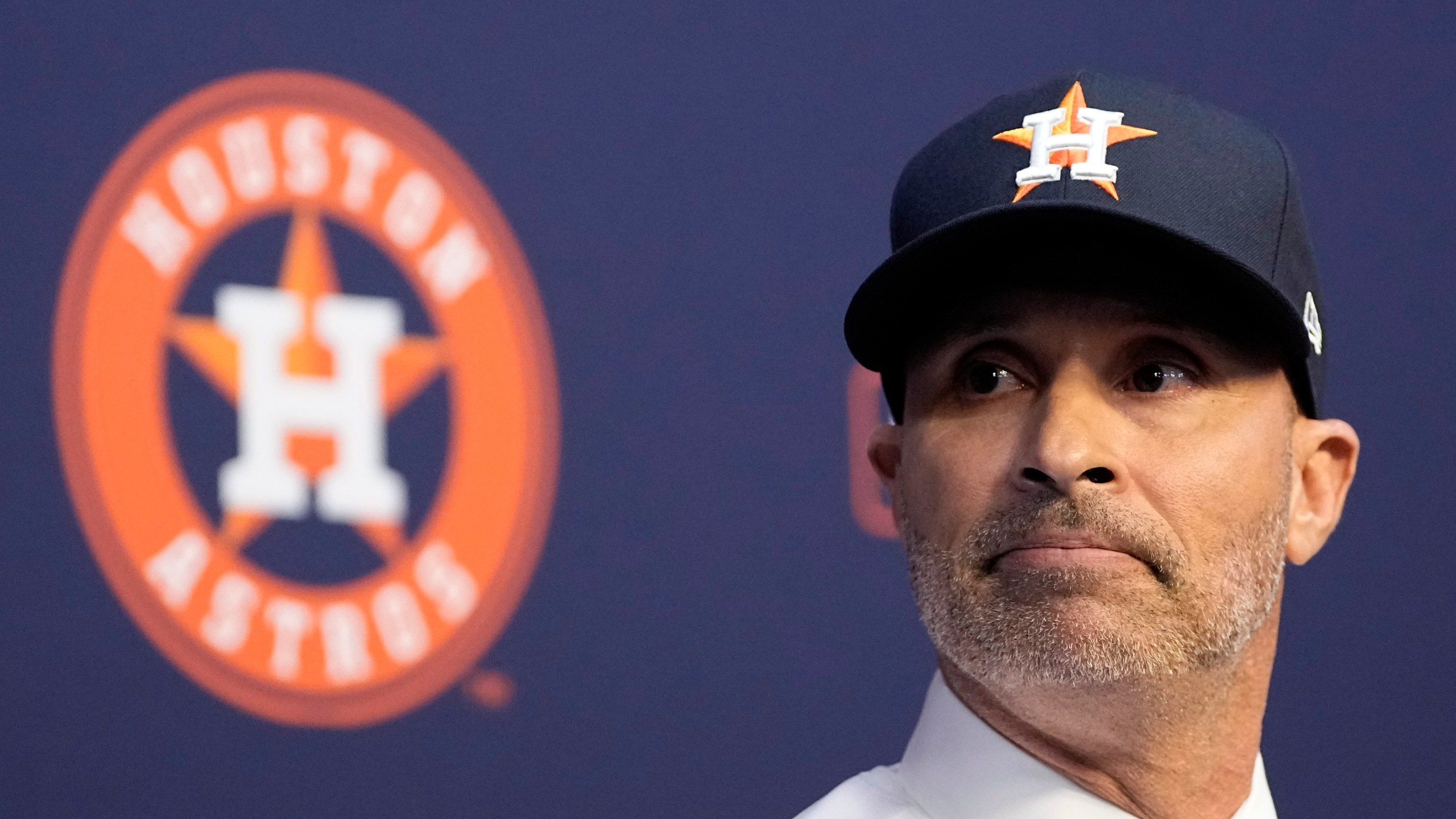FILE - Houston Astros baseball team manager Joe Espada listens to a question during an introductory news conference Monday, Nov. 13, 2023, in Houston. Espada was an assistant for three managers who have won a World Series in Joe Girardi, A.J. Hinch and Dusty Baker before becoming a skipper for the first time after the Houston Astros hired him following Baker’s retirement this offseason. (AP Photo/David J. Phillip, File)