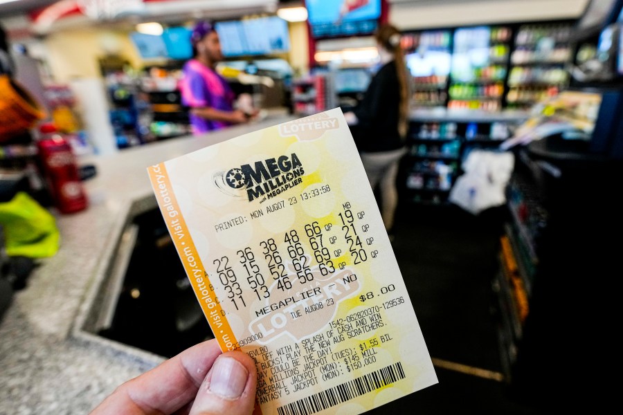 FILE - A Mega Millions ticket is seen as a person makes a purchase inside a convenience store, Aug. 7, 2023, in Kennesaw, Ga. Someone in New Jersey overcame the odds and won the $1.13 billion Mega Millions jackpot, breaking a winless streak that dated to last December. The numbers drawn Tuesday night, March 26, 2024, were: 7, 11, 22, 29, 38 and the gold Mega Ball 4. (AP Photo/Mike Stewart, File)