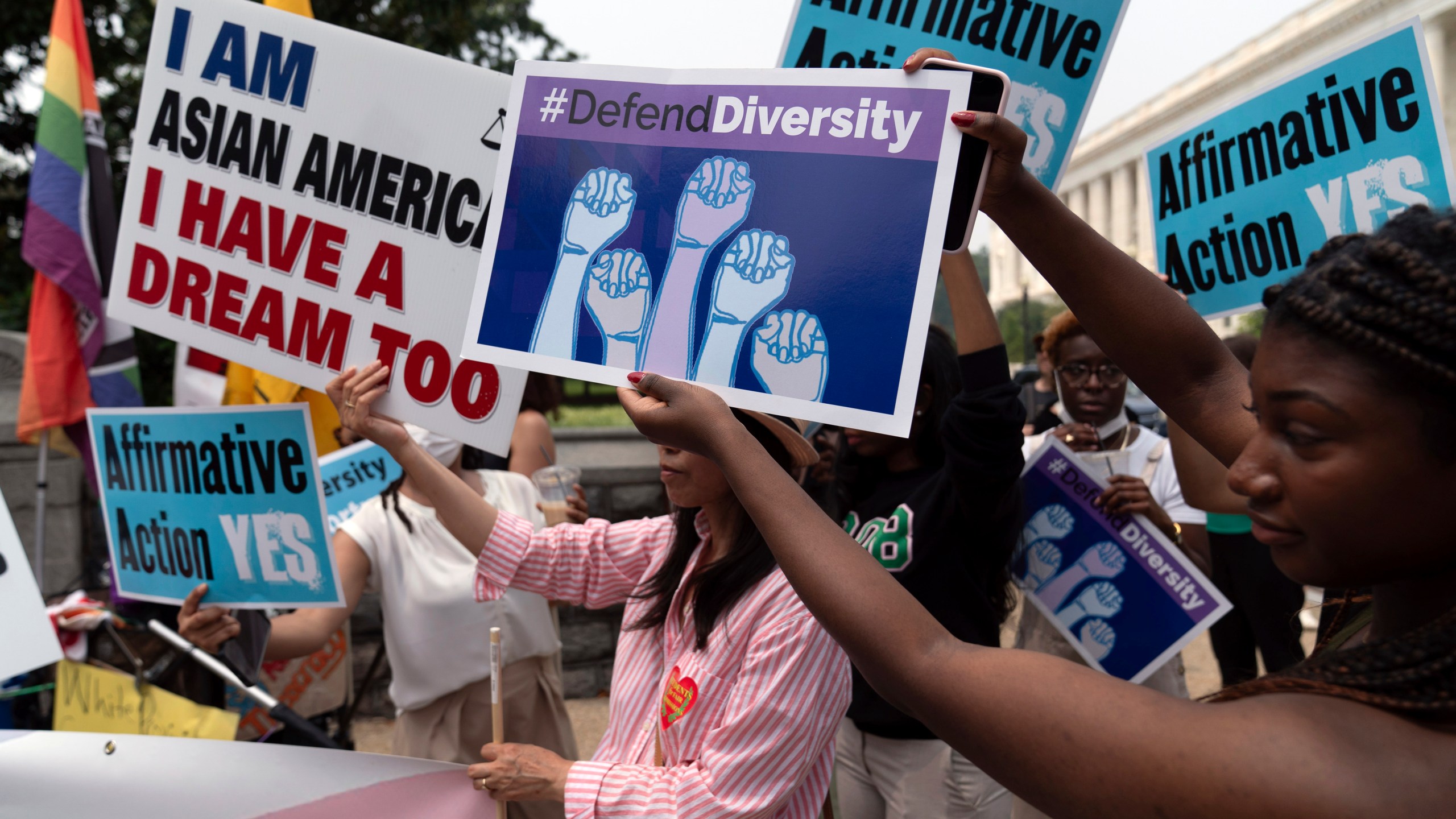 FILE - Demonstrators protest outside of the Supreme Court in Washington, in this June 29, 2023 file photo, after the Supreme Court struck down affirmative action in college admissions, saying race cannot be a factor. (AP Photo/Jose Luis Magana)