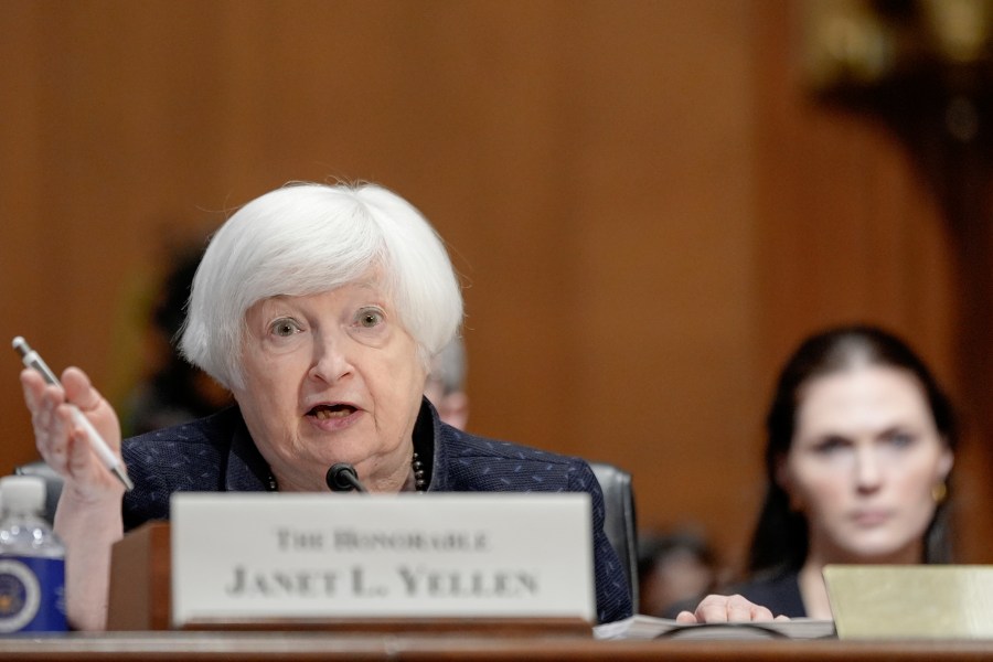 Treasury Secretary Janet Yellen testifies during a Senate Finance hearing to examine President Joe Biden's proposed budget request for fiscal year 2025 on Capitol Hill Thursday, March 21, 2024, in Washington. (AP Photo/Mariam Zuhaib)