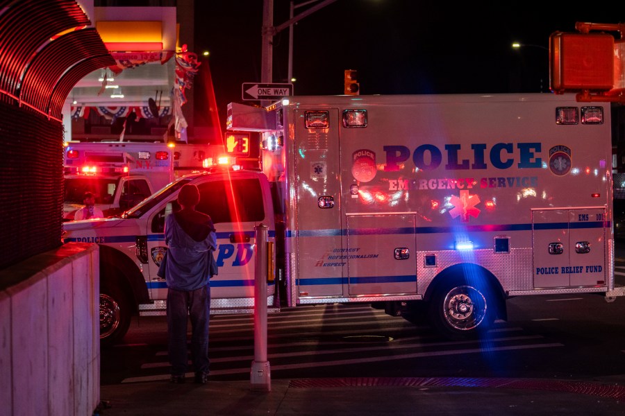 A New York City Police Department ambulance carrying the remains of Officer Jonathan Diller drives out from under Jamaica Hospital Medical Center in New York, late Monday, March 25, 2024. Diller was shot and killed during a traffic stop, Mayor Eric Adams said. (AP Photo/Jeenah Moon)