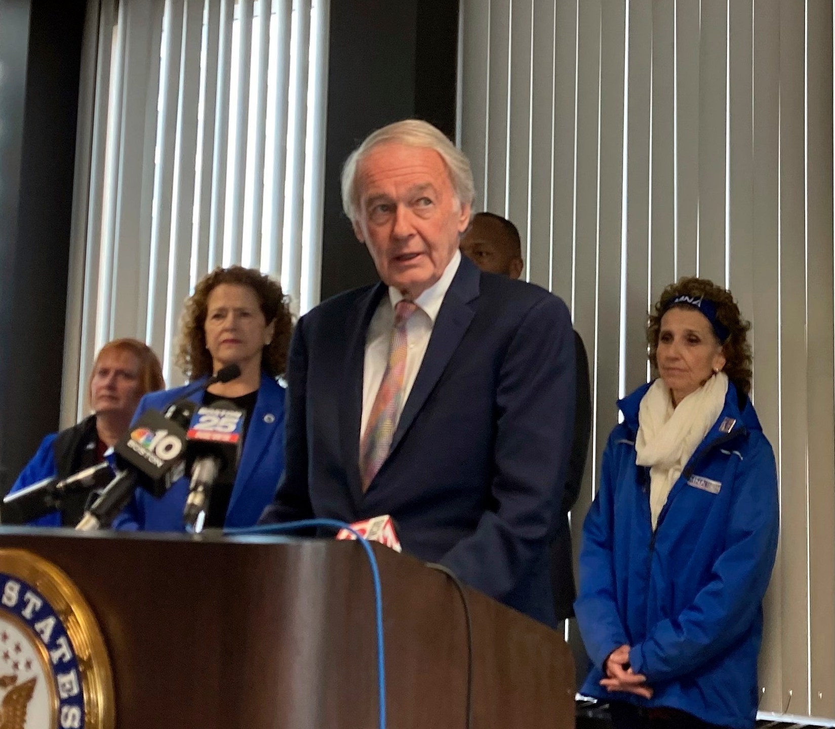 Democratic U.S. Sen. Edward Markey called on Wednesday, March 27, 2024, for greater oversight of a deal that financially embattled hospital operator Steward Health Care has struck to sell its nationwide physician network to Optum, a subsidiary of UnitedHealth Group, at a press conference in his office at the John F. Kennedy Federal Building in Boston. Markey said Optum must show it can protect health care access by controlling costs and putting patients and providers first. (AP Photo/Steve LeBlanc)