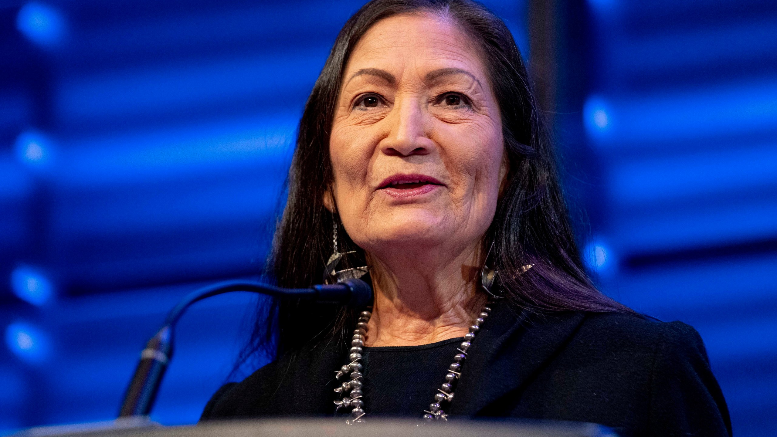 FILE - Interior Secretary Deb Haaland announces that her agency will work to restore more large bison herds during a speech for World Wildlife Day at the National Geographic Society in Washington, Friday, March 3, 2023. The Biden administration issued a final rule Wednesday, March 27, 2024, aimed at curbing methane leaks from oil and gas drilling on federal and tribal lands, its latest action to crack down on emissions of methane, a potent greenhouse gas that contributes significantly to global warming. (AP Photo/Andrew Harnik, File)