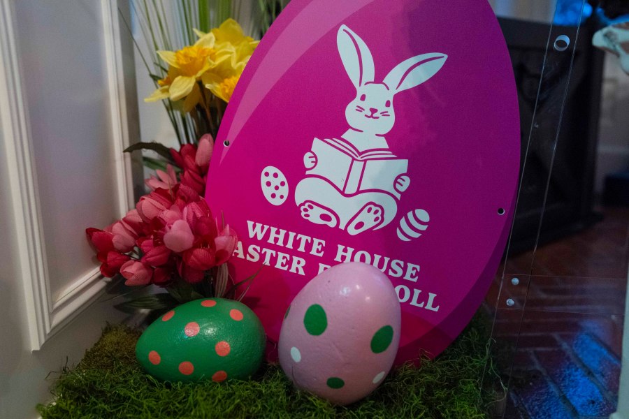 Decorations for the White House Easter Egg Roll adorn the East Colonnade of the White House, Thursday, March 28, 2024, in Washington. (AP Photo/Evan Vucci)