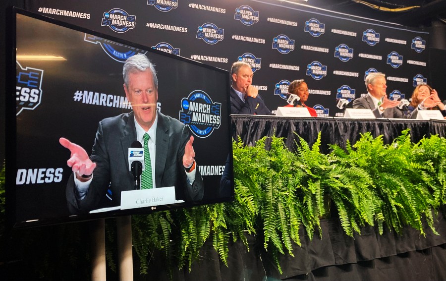 NCAA president and former Massachusetts Gov. Charlie Baker speaks at a news conference to announce a new initiative aimed at tackling the public health harms associated with sports betting among young people, Thursday, March 28, 2024, in Boston. Baker said those harms extend not just to young people making bets, but to student athletes coming under pressure from bettors hoping to cash in on their individual performance. (AP Photo/Steve LeBlanc)