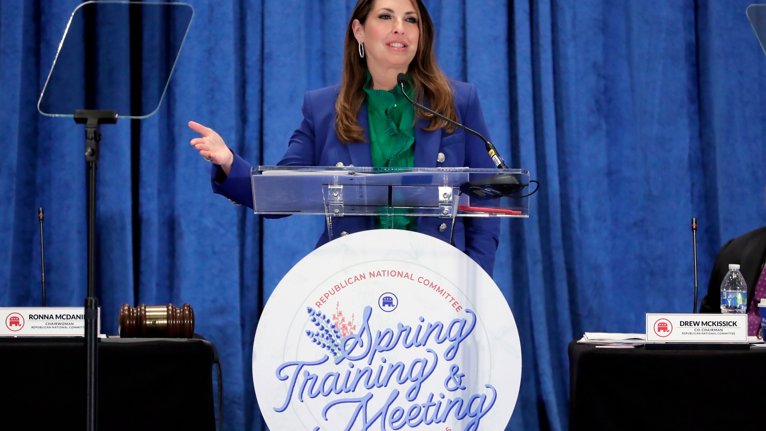Ronna McDaniel, the outgoing Republican National Committee chairwoman, gives her last speech in the position at the general session of the RNC Spring Meeting Friday, March 8, 2024, in Houston. McDaniel is succeeded by Michael Whatley, who won by unanimous voice vote. (AP Photo/Michael Wyke)