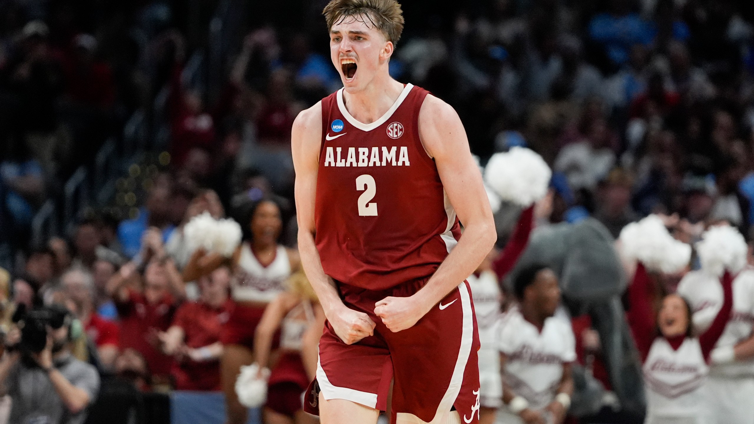Alabama forward Grant Nelson (2) celebrates after scoring during the second half of a Sweet 16 college basketball game against North Carolina in the NCAA tournament Thursday, March 28, 2024, in Los Angeles. (AP Photo/Ryan Sun)