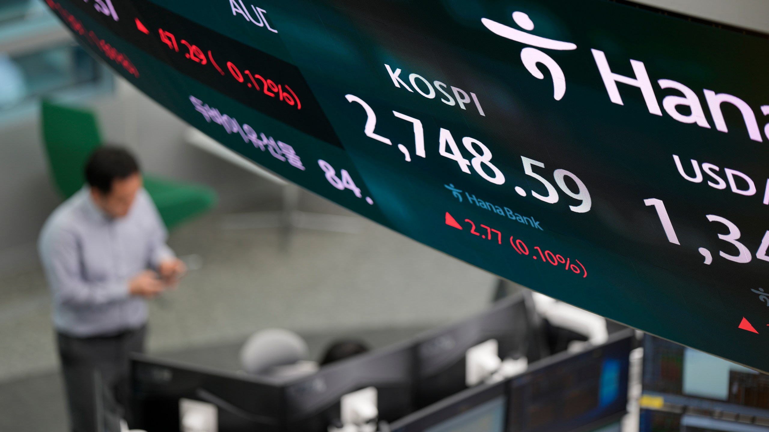 A currency trader stands near the screen showing the Korea Composite Stock Price Index (KOSPI) at a foreign exchange dealing room in Seoul, South Korea, Friday, March 29, 2024. Asian shares were mostly higher Friday in quiet holiday trading, with markets closed in Hong Kong, Sydney, Singapore and India, among other places. (AP Photo/Lee Jin-man)