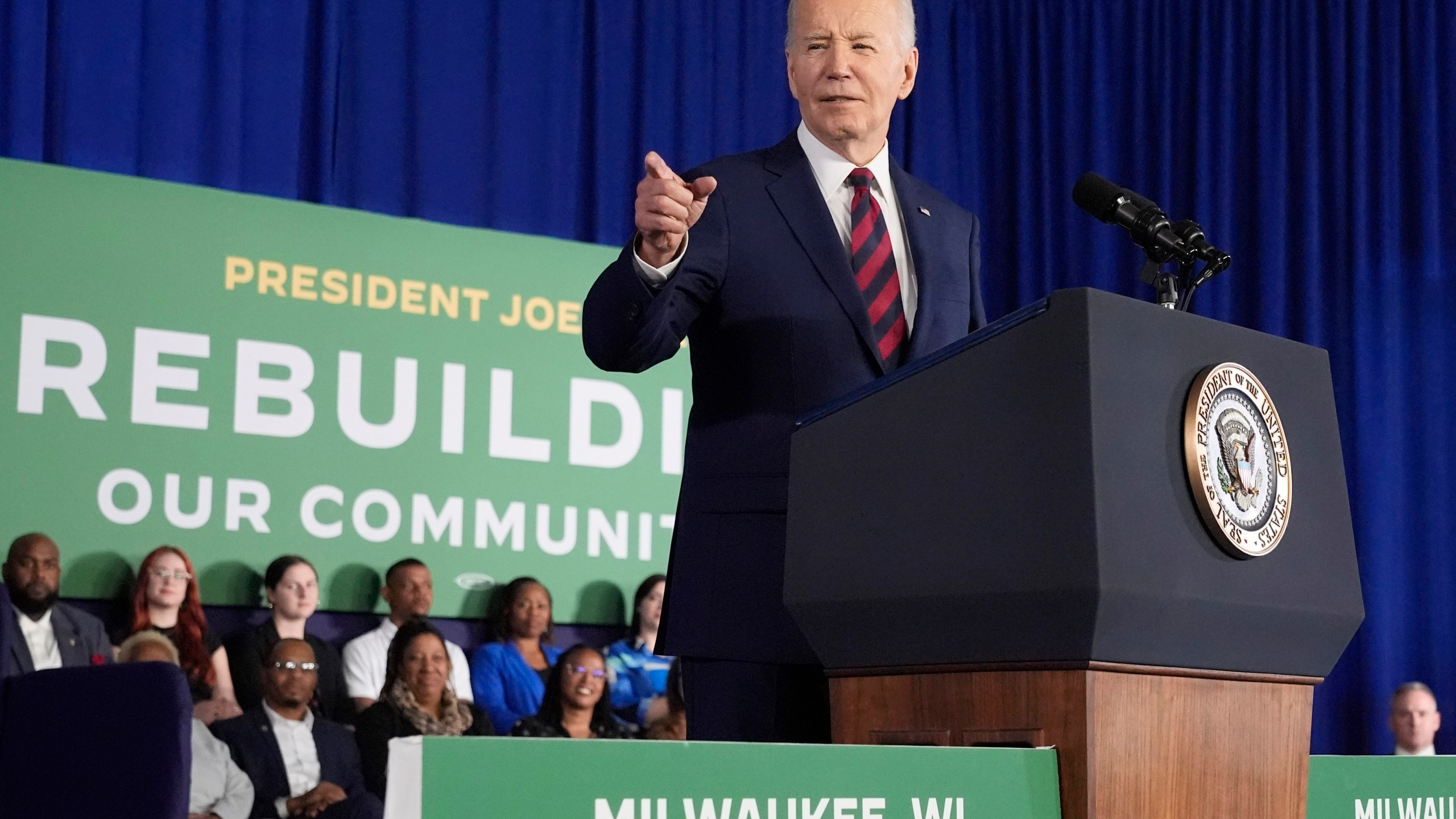 FILE - President Joe Biden speaks at an event, March 13, 2024, in Milwaukee. Voters in the pivotal swing state of Wisconsin and three northeastern states will have a chance to indicate their support or opposition to their parties' presumptive nominees in presidential primaries Tuesday, April 2, 2024. Voters will also decide the fate of two Republican-backed statewide ballot measures that will shape how elections in the state are run and funded. (AP Photo/Jacquelyn Martin, File)