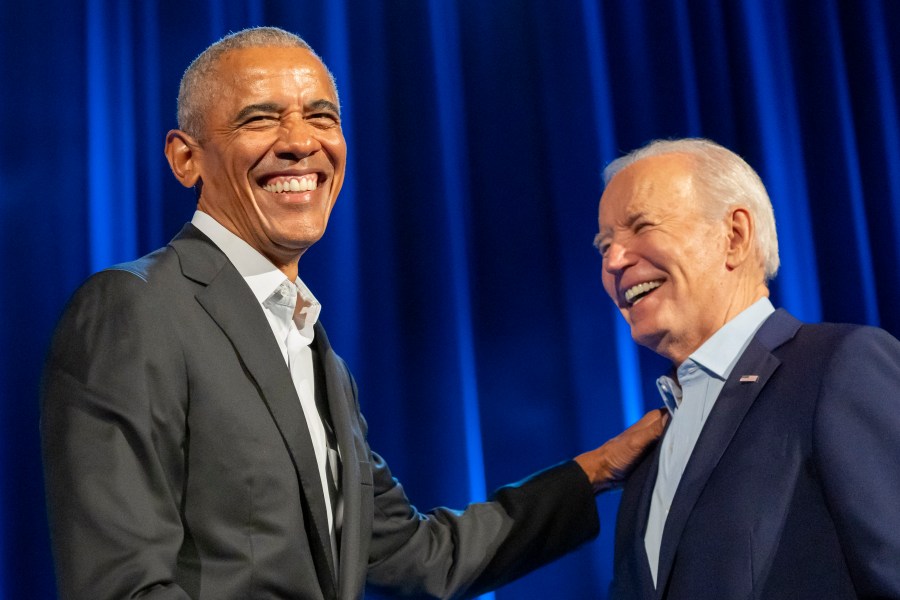 President Joe Biden, right, and former presidents Barack Obama, left, and Bill Clinton participate in a fundraising event with Stephen Colbert at Radio City Music Hall, Thursday, March 28, 2024, in New York. (AP Photo/Alex Brandon)