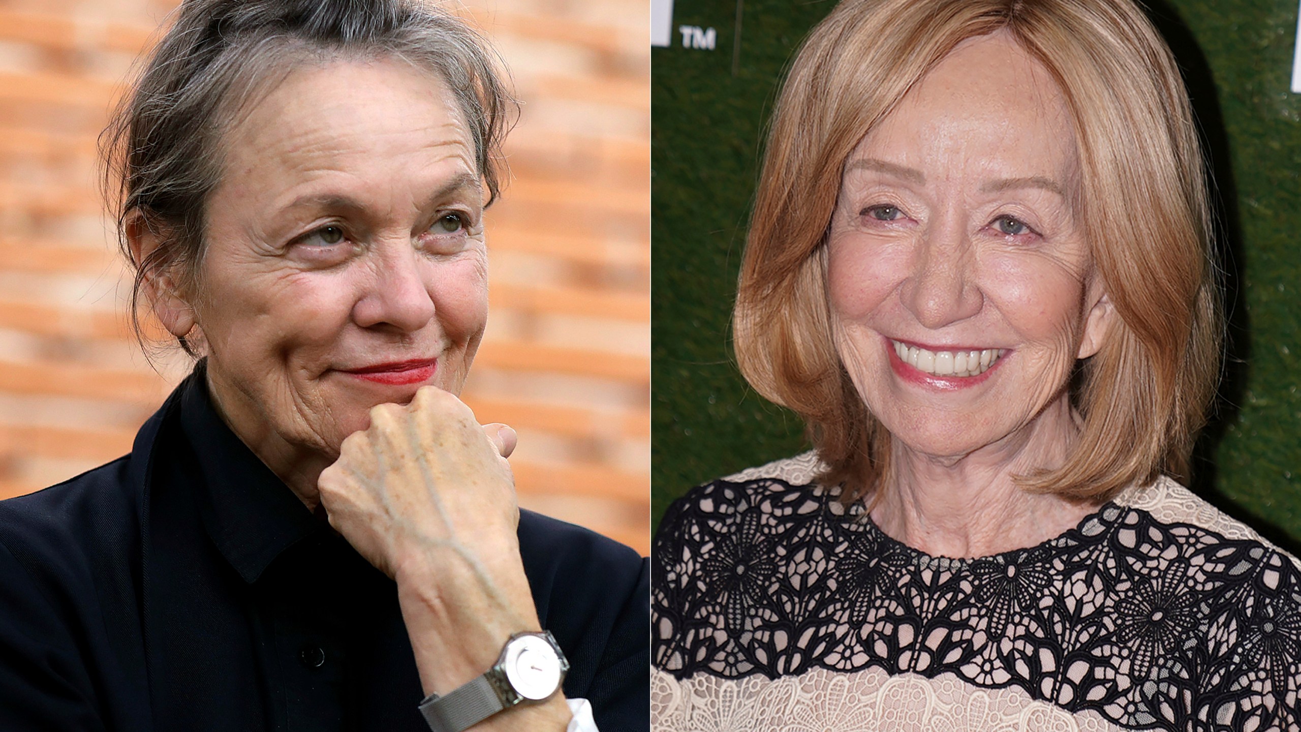 Laurie Anderson poses during a photo call for the movie "Heart of a Dog," in Milan, Italy on Sept. 11, 2016, left, and Doris Kearns Goodwin arrives at a HISTORYTalks event in Washington on Sept. 24, 2022. Anderson, Goodwin and the president of the Harlem School of the Arts, James C. Horton, are being honored by the American Academy of Arts and Letters. (AP Photo)