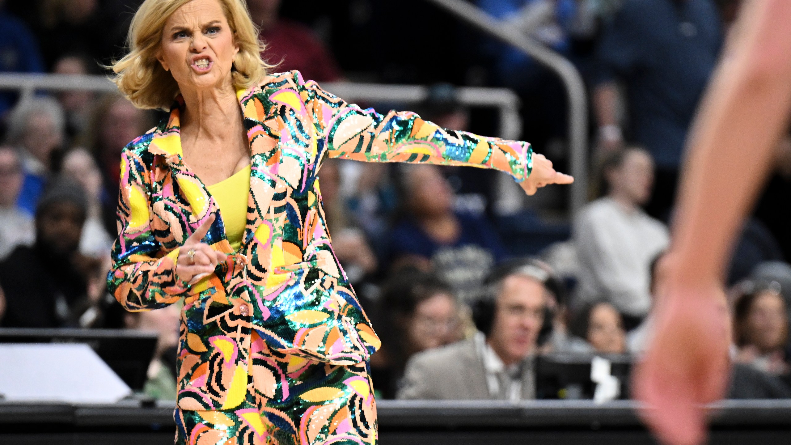 LSU head coach Kim Mulkey reacts during the second quarter of a Sweet Sixteen round college basketball game against the UCLA during the NCAA Tournament, Saturday, March 30, 2024, in Albany, N.Y. (AP Photo/Hans Pennink)