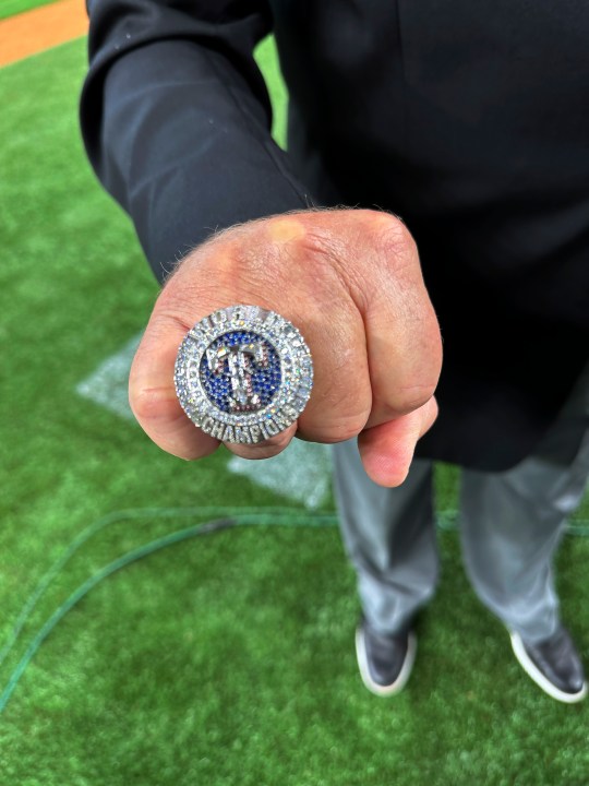 The Texas Rangers championship ring is seen Saturday, March 30, 2024 in Arlington Texas. The Texas Rangers and staff will receive their World Series championship rings during a pre-game ceremony before the Texas Rangers take on the Chicago Cubs in a baseball game. (AP Photo/Stephen Hawkins)