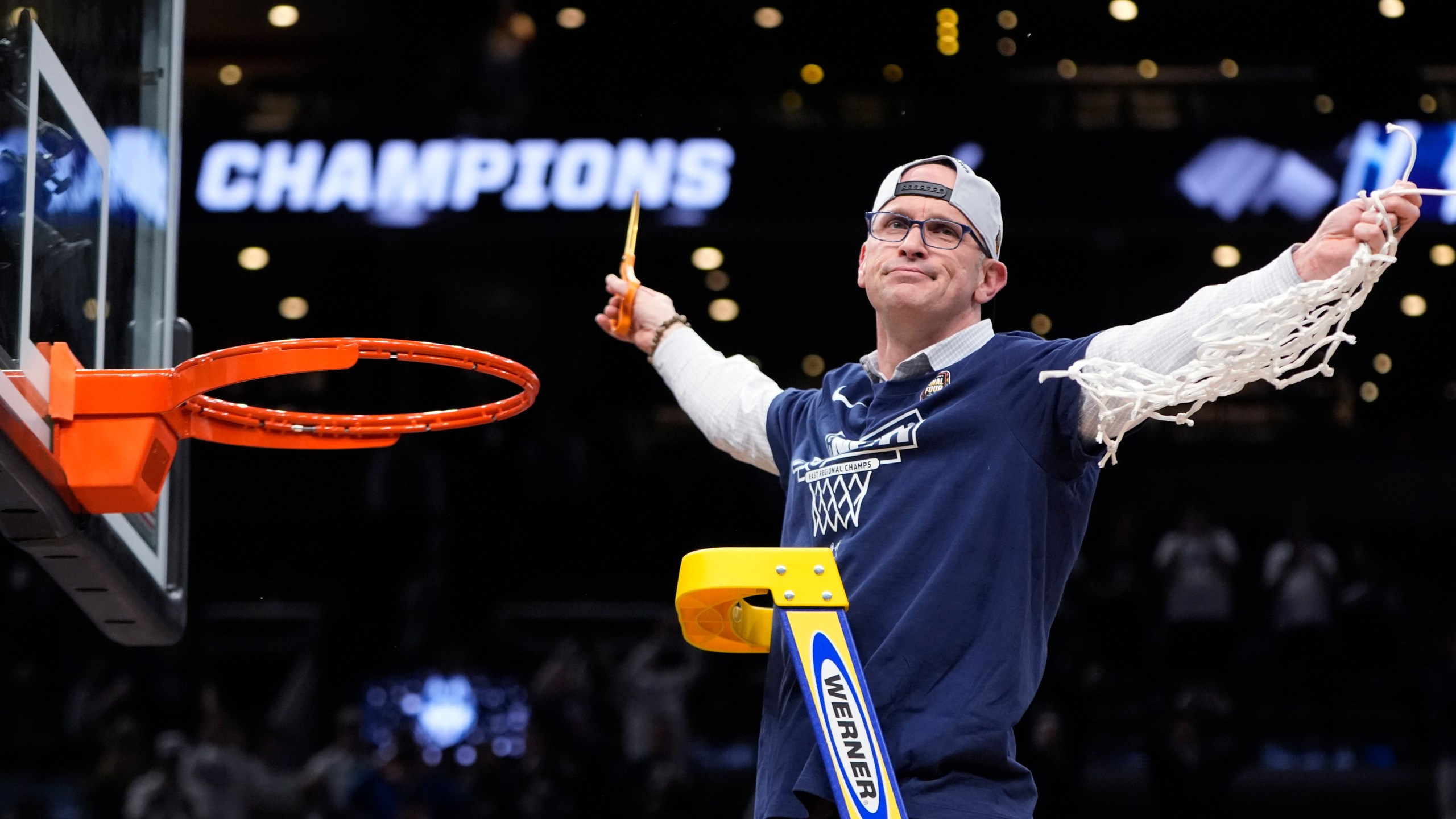 UConn head coach Dan Hurley celebrates after defeating Illinois in the Elite 8 college basketball game in the men's NCAA Tournament, Saturday, March 30, 2024, in Boston. (AP Photo/Michael Dwyer)