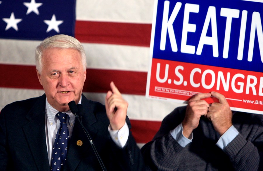 FILE - Rep. William Delahunt, D-Mass., speaks at Rep.-elect Bill Keating's victory party in Quincy, Mass., on Nov. 2, 2010. Former longtime Massachusetts congressman and district attorney Delahunt, a Democratic stalwart who postponed his own retirement from Washington to help pass former President Barack Obam's agenda, has died following an illness. He died Saturday, March 30, 2024, at his home in Quincy, Massachusetts, at the age of 82 following a long-term illness, news reports said. (AP Photo/Bizuayehu Tesfaye, File)