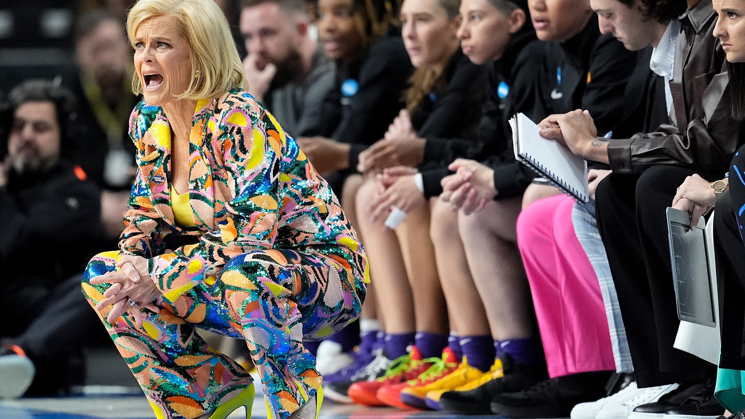 LSU head coach Kim Mulkey reacts during the first quarter of a Sweet Sixteen round college basketball game against the UCLA during the NCAA Tournament, Saturday, March 30, 2024, in Albany, N.Y. (AP Photo/Mary Altaffer)