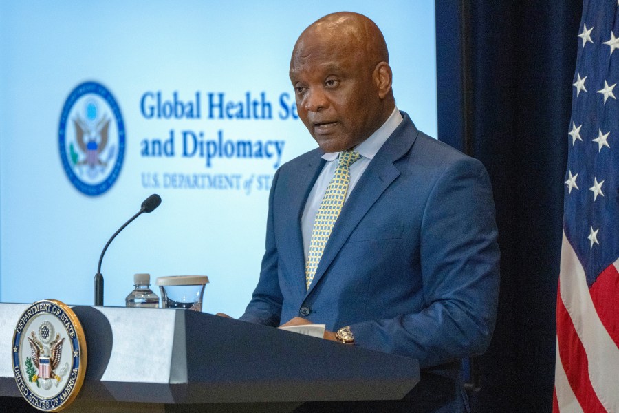 FILE - Ambassador-at-Large John Nkengasong, new head of the Bureau of Global Health Security and Diplomacy at the State Department, speaks during the launch of the new bureau, Aug. 1, 2023, at the State Department in Washington. Nkengasong spoke to The Associated Press about his experience, at a period when challenges by anti-abortion groups and House Republican have made the future of PEPFAR, the U.S. President's Emergency Relief Plan for AIDS Relief, uncertain. (AP Photo/Jacquelyn Martin, File)