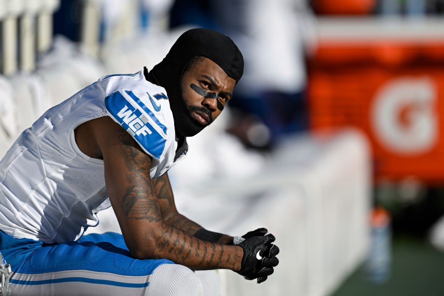 FILE - Detroit Lions cornerback Cameron Sutton (1) looks on from the sideline during the second half of an NFL football game against the Baltimore Ravens, Oct. 22, 2023, in Baltimore. A Florida sheriff's department on Wednesday, March 20, 2024, said it has a domestic violence warrant seeking the arrest of Sutton and asked for public help in finding him. (AP Photo/Terrance Williams, File)