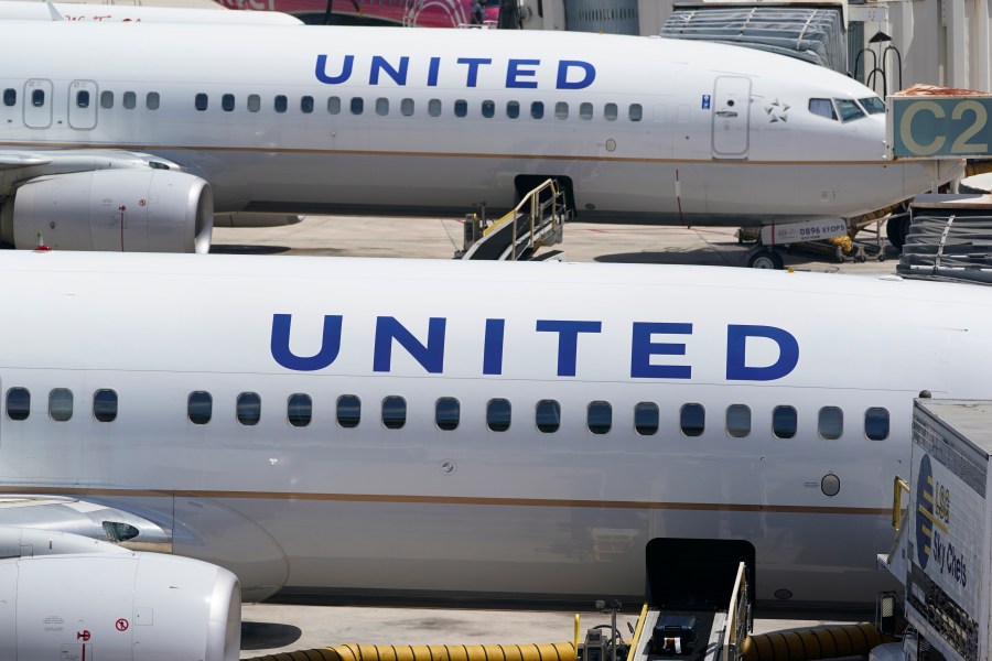 FILE - Two United Airlines Boeing 737s are parked at the gate at the Fort Lauderdale-Hollywood International Airport in Fort Lauderdale, Fla., July 7, 2022. United Airlines is asking its pilots to take time off in May 2024 because of delays in receiving new planes that the airline ordered from Boeing, which is struggling with production due to manufacturing problems. A United spokesperson said Monday, April 1, 2024, that the offer is voluntary. (AP Photo/Wilfredo Lee, File)