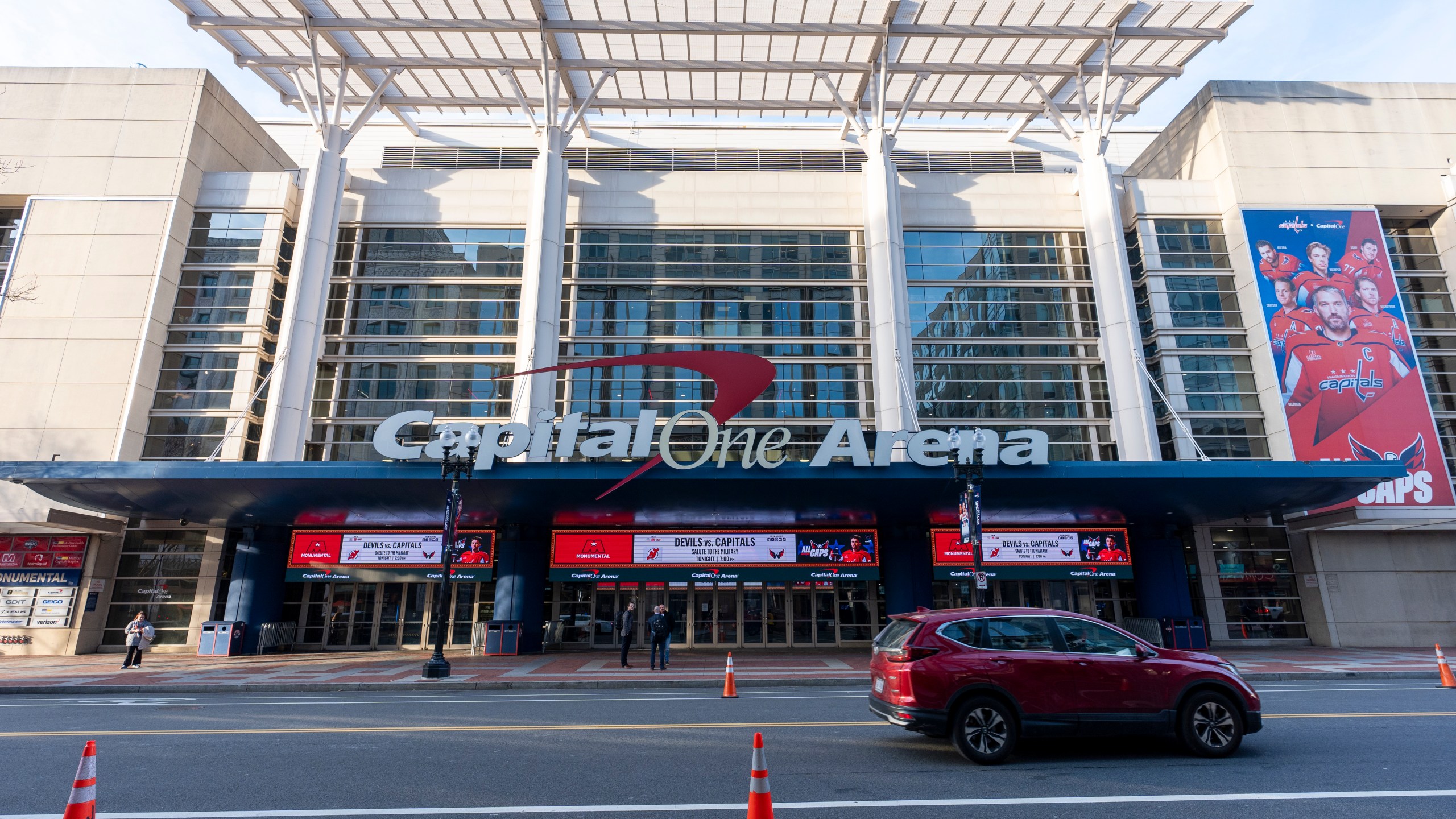FILE - Capital One Arena is shown before an NHL hockey game between the Washington Capitals and the New Jersey Devils, Tuesday, Feb. 20, 2024, in Washington. The NBA’s Washington Wizards and NHL’s Washington Capitals are staying in the District of Columbia. Owner Ted Leonsis and Mayor Muriel Bowser announced the development at a news conference at Capital One Arena on Wednesday, March 27, 2024. (AP Photo/Alex Brandon, File)