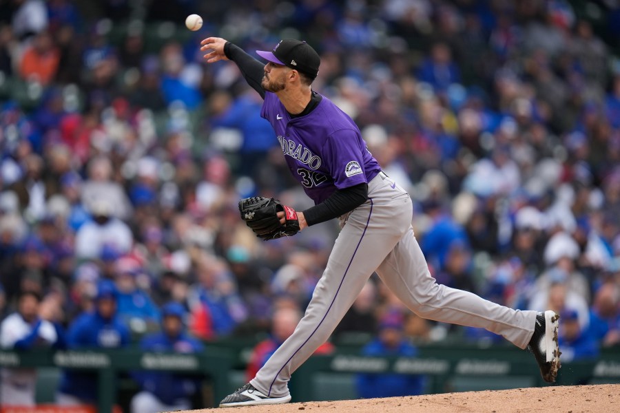 Colorado Rockies starting pitcher Dakota Hudson throws against the Chicago Cubs during the second inning of a baseball game Monday, April 1, 2024, in Chicago. (AP Photo/Erin Hooley)