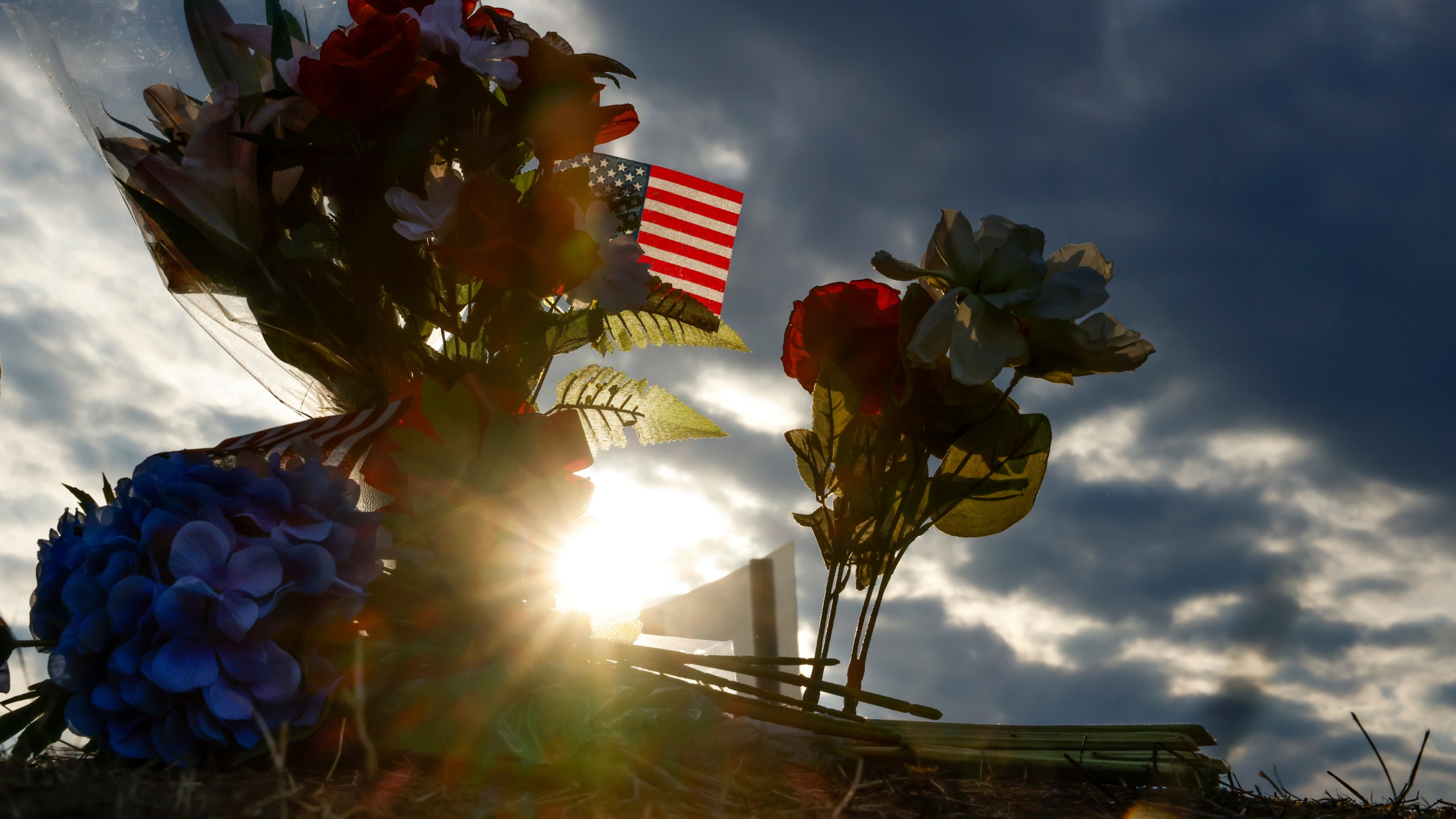 Flowers stand at a lookout point for the collapsed Francis Scott Key Bridge, Sunday, March 31, 2024, in Baltimore. (AP Photo/Julia Nikhinson)