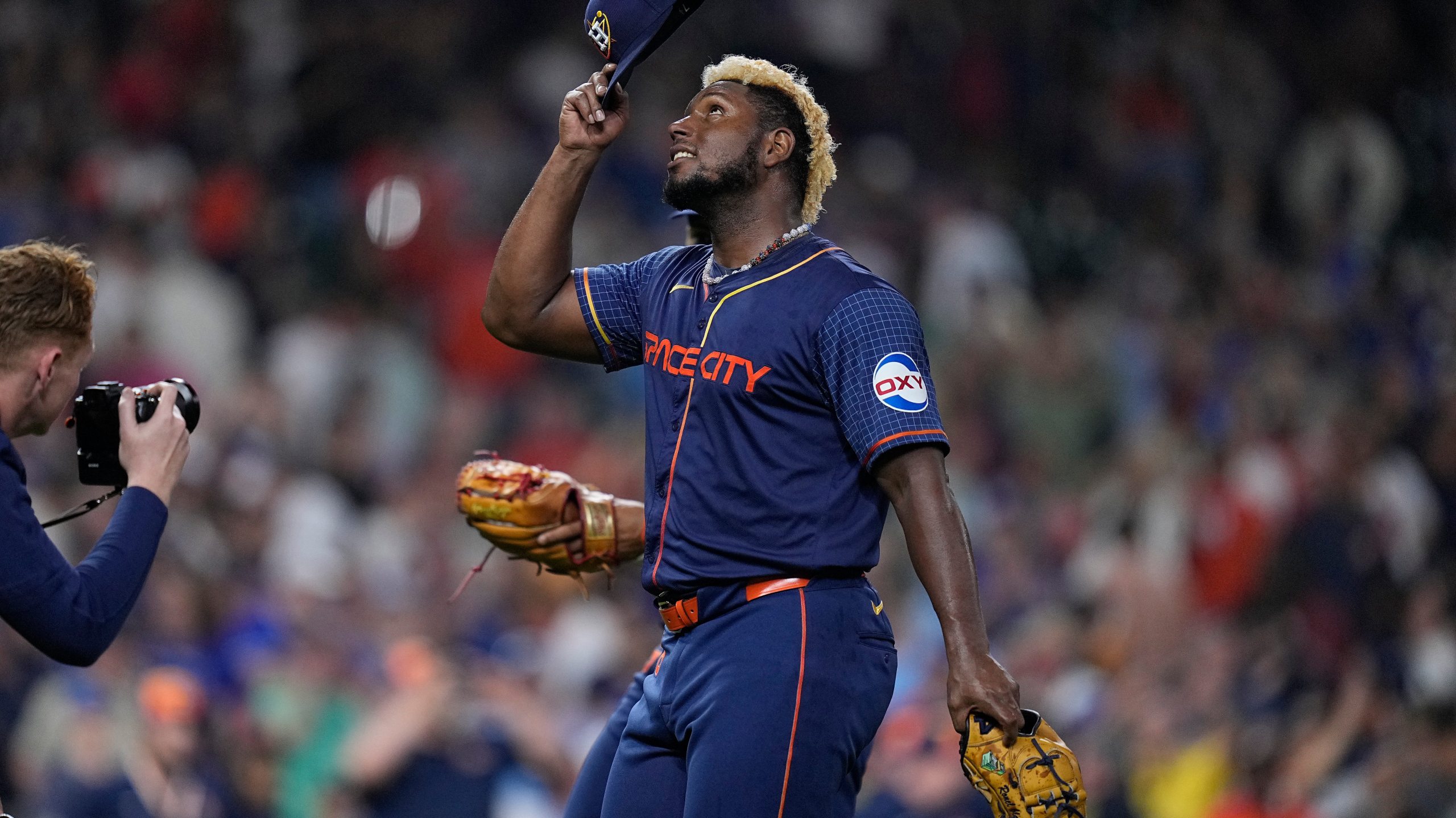 Houston Astros starting pitcher Ronel Blanco celebrates after throwing a no hitter in a baseball game against the Toronto Blue Jays, Monday, April 1, 2024, in Houston. (AP Photo/Kevin M. Cox)