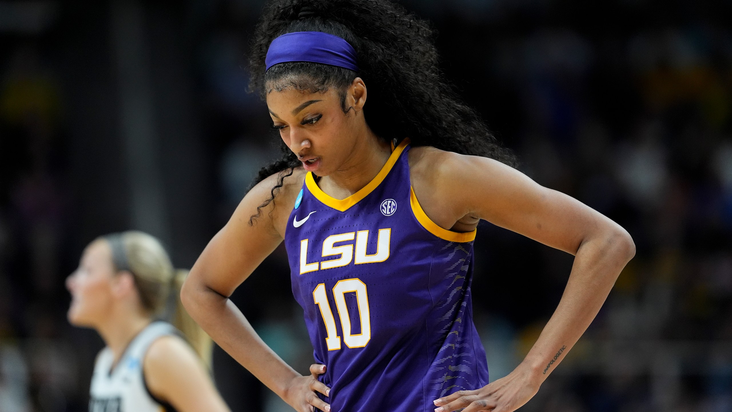 LSU forward Angel Reese (10) reacts during the fourth quarter of an Elite Eight round college basketball game against Iowa during the NCAA Tournament, Monday, April 1, 2024, in Albany, N.Y. (AP Photo/Mary Altaffer)