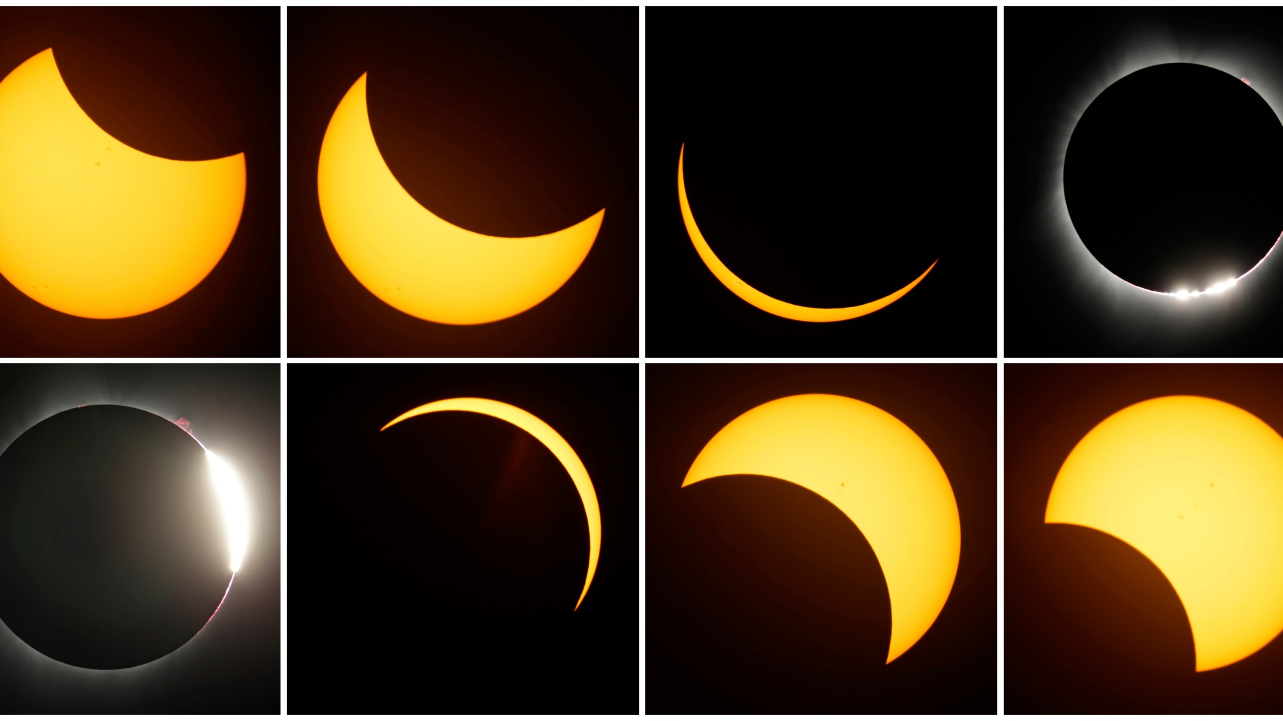 FILE - This combination of photos shows the path of the sun during a total eclipse by the moon Monday, Aug. 21, 2017, near Redmond, Ore. On April 8, 2024, spectators who aren't near the path of totality or who get cloudy weather on eclipse day can still catch the total solar eclipse, with NASA, science centers and media organizations planning to stream live coverage online from different locations along the path. (AP Photo/Ted S. Warren, File)