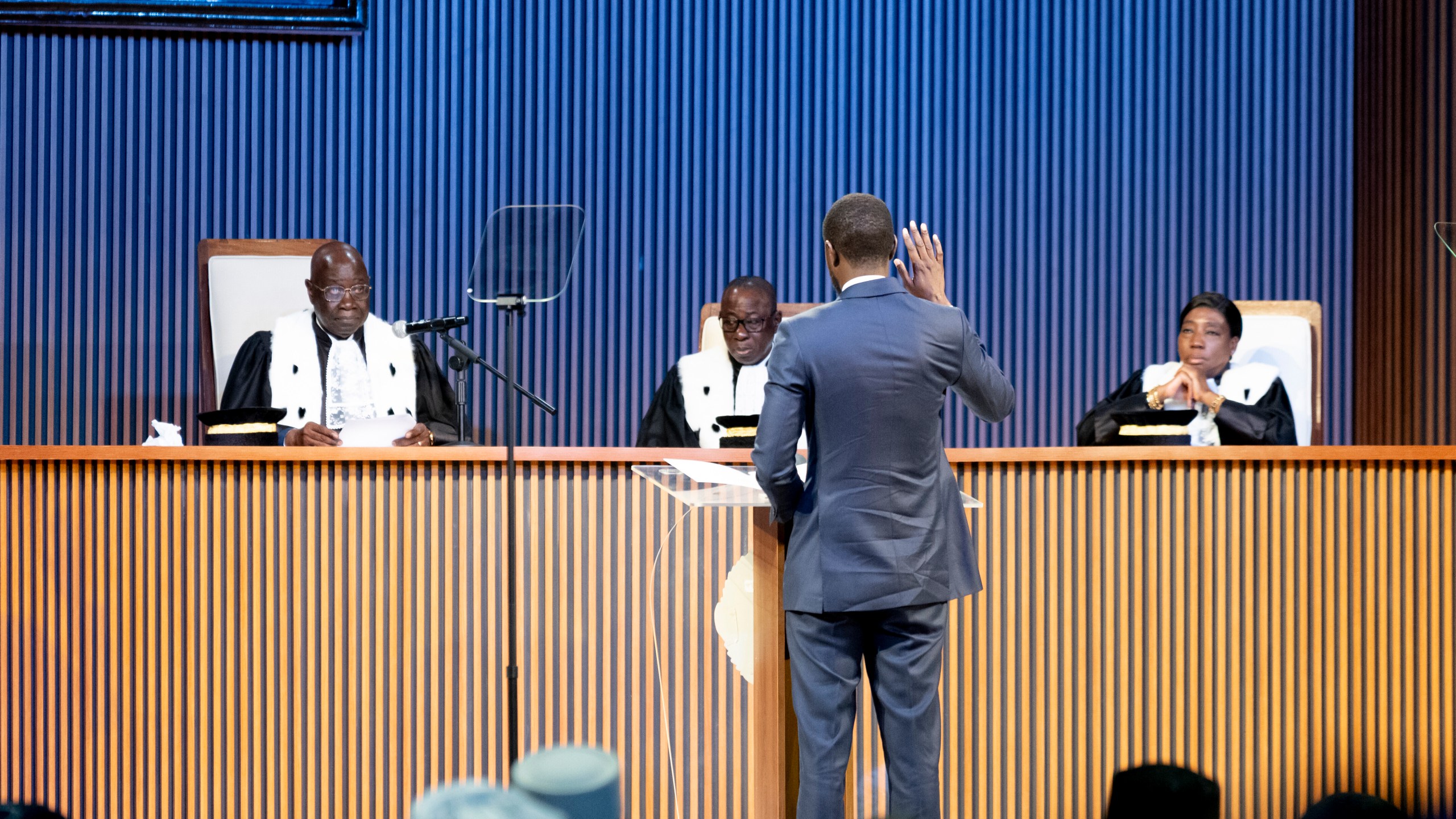 Bassirou Diomaye Faye is sworn in as Senegal's president in Dakar, Senegal, Tuesday, April 2, 2024. Faye, 44, campaigned on promises to clean up corruption and better manage the country's natural resources. His victory was seen as reflecting the will of young people frustrated with widespread unemployment and former colonial ruler France, seen by critics to be using its relationship with Senegal to enrich itself. (AP Photo/Sylvain Cherkaoui)