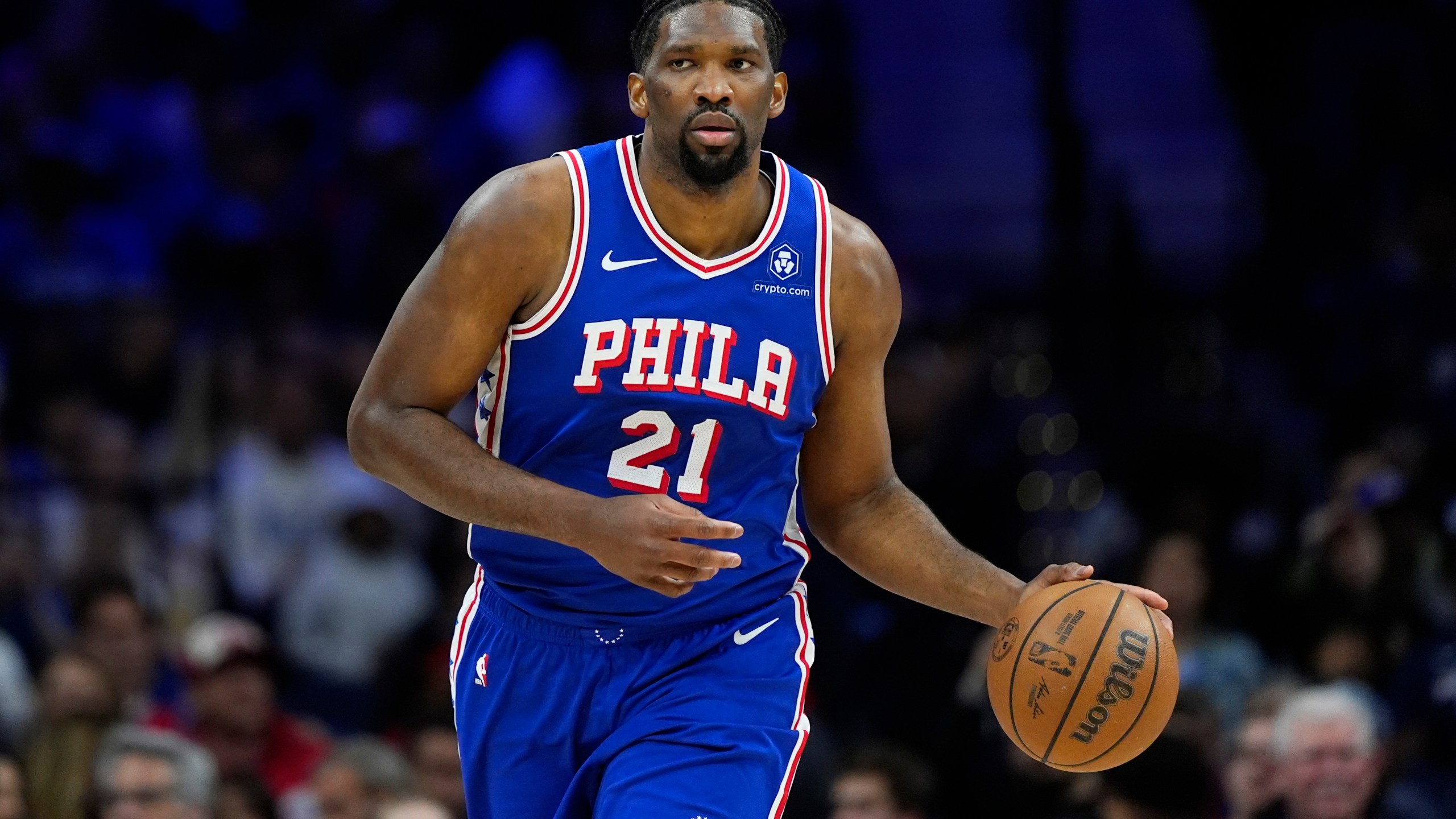 Philadelphia 76ers' Joel Embiid dribbles down the court during the first half of an NBA basketball game against the Oklahoma City Thunder, Tuesday, April 2, 2024, in Philadelphia. (AP Photo/Matt Slocum)