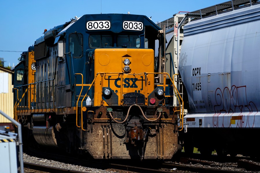 FILE - A CSX train engine sits idle on tracks in Philadelphia, Wednesday, Sept. 14, 2022. Major freight railroads will have to maintain two-person crews on most routes under a new federal rule that was finalized Tuesday, April 2, 2024. (AP Photo/Matt Rourke, File)