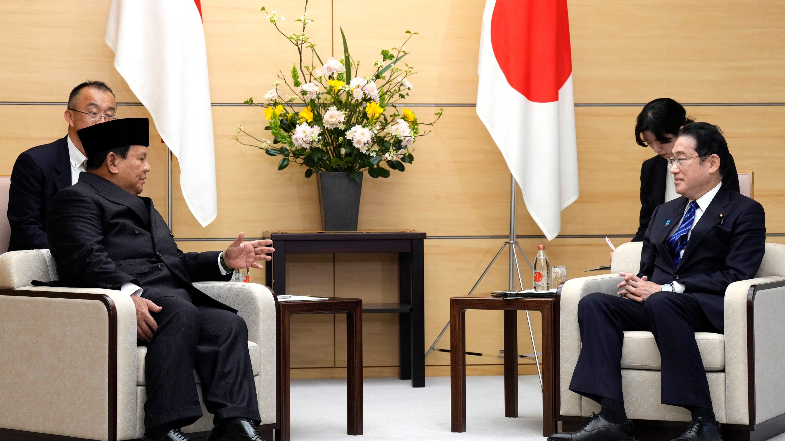 Indonesian President-elect and current Defense Minister Prabowo Subianto, left, and Japan's Prime Minister Fumio Kishida, right, meet at the prime minister's office Wednesday, April 3, 2024, in Tokyo. (AP Photo/Eugene Hoshiko, Pool)