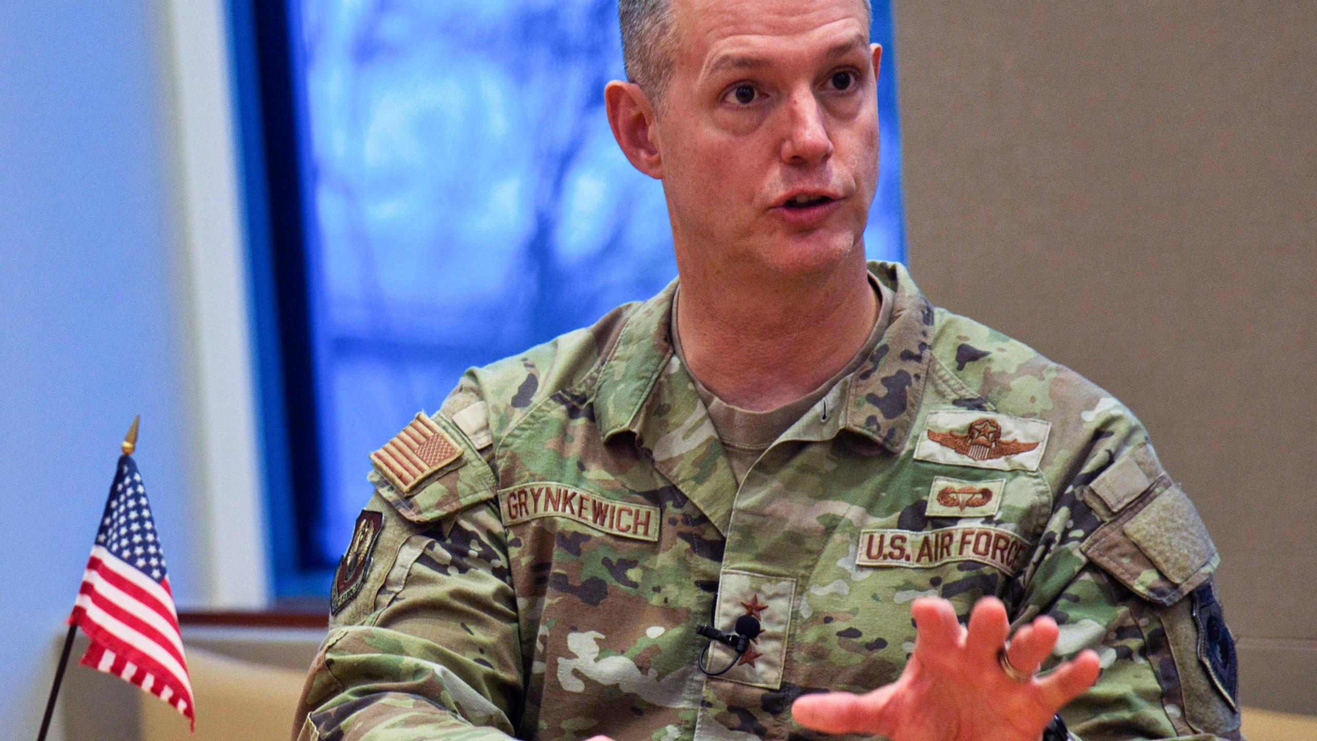 FILE - Lt. Gen. Alexus Grynkewich, the head of U.S. Air Force Central, speaks at a news conference at the U.S. Embassy in Abu Dhabi, United Arab Emirates, Sept. 20, 2023. Grynkewich says Houthi rebels in Yemen may be running through their supplies of drone swarms and anti-ship ballistic missiles and the pace of their attacks has slowed a bit. (AP Photo/Jon Gambrell, File)