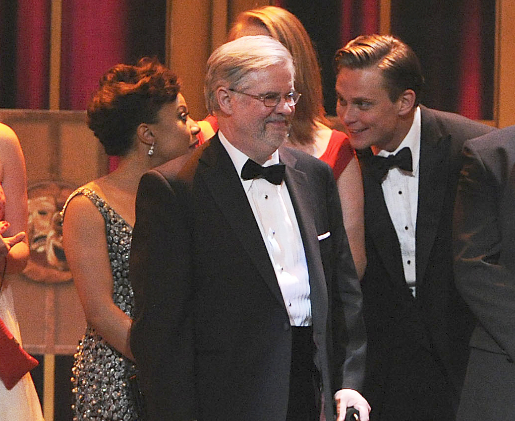 FILE - Playwright Christopher Durang appears on stage with producers to accept the award for best play for "Vanya and Sonia and Masha and Spike" at the 67th Annual Tony Awards, on June 9, 2013 in New York. Also on stage are actors, background from left, Shalita Grant, Kristine Nielsen and Billy Magnussen. Durang died Tuesday, April 2, 2024, at his home in Pipersville, Pennsylvania, of complications from logopenic primary progressive aphasia. He was 75. (Photo by Evan Agostini/Invision/AP, File)