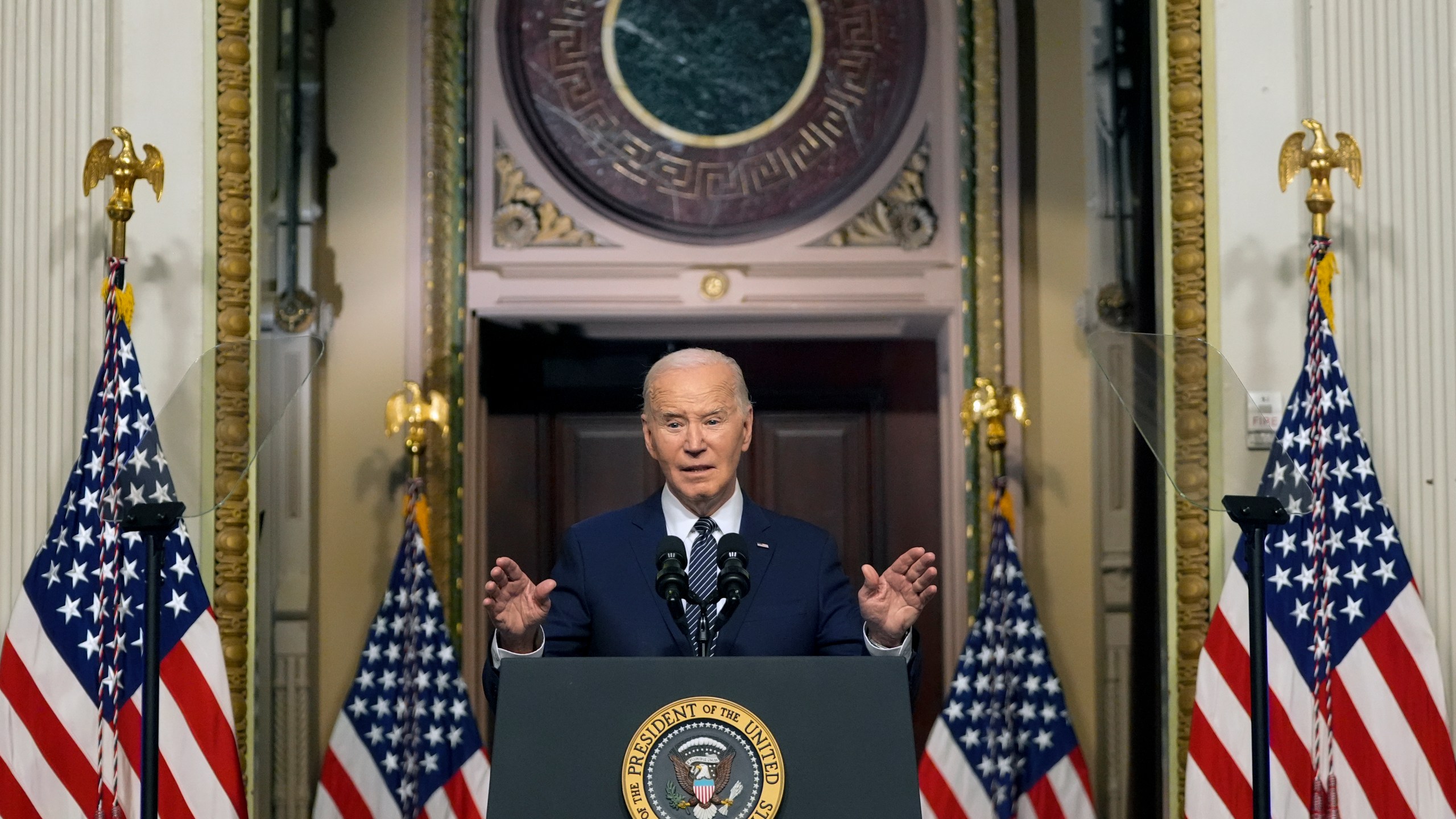 President Joe Biden speaks about lowering health care costs in the Indian Treaty Room at the Eisenhower Executive Office Building on the White House complex in Washington, Wednesday, April 3, 2024. (AP Photo/Mark Schiefelbein)