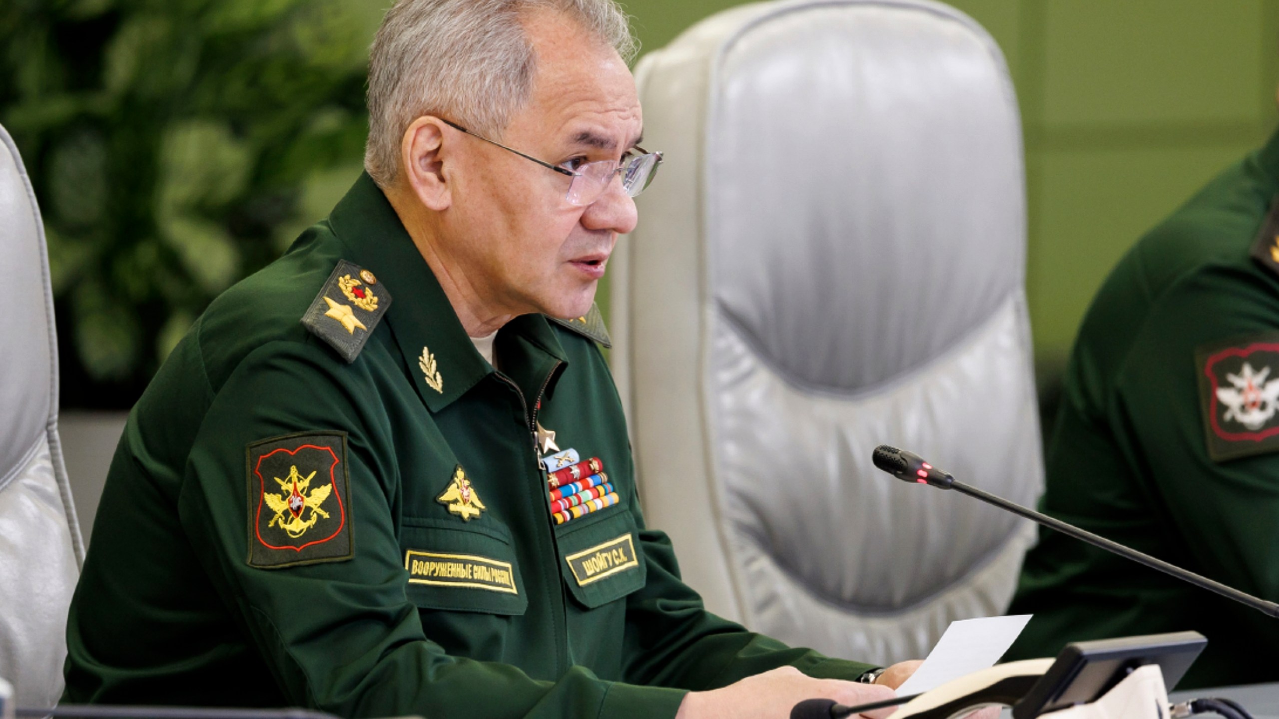 In this photo released by the Russian Defense Ministry Press Service on Tuesday, April 2, 2024, Russian Defense Minister Sergei Shoigu leads a meeting with the leadership of the Armed Forces at the National Defense Control Center in Moscow, Russia. (Russian Defense Ministry Press Service via AP)