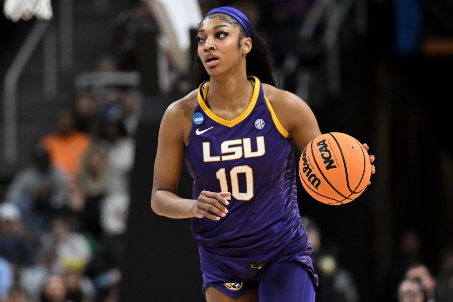 LSU forward Angel Reese (10) brings the ball up court during the first quarter of an Elite Eight round college basketball game against Iowa during the NCAA Tournament, Monday, April 1, 2024, in Albany, N.Y. (AP Photo/Hans Pennink)