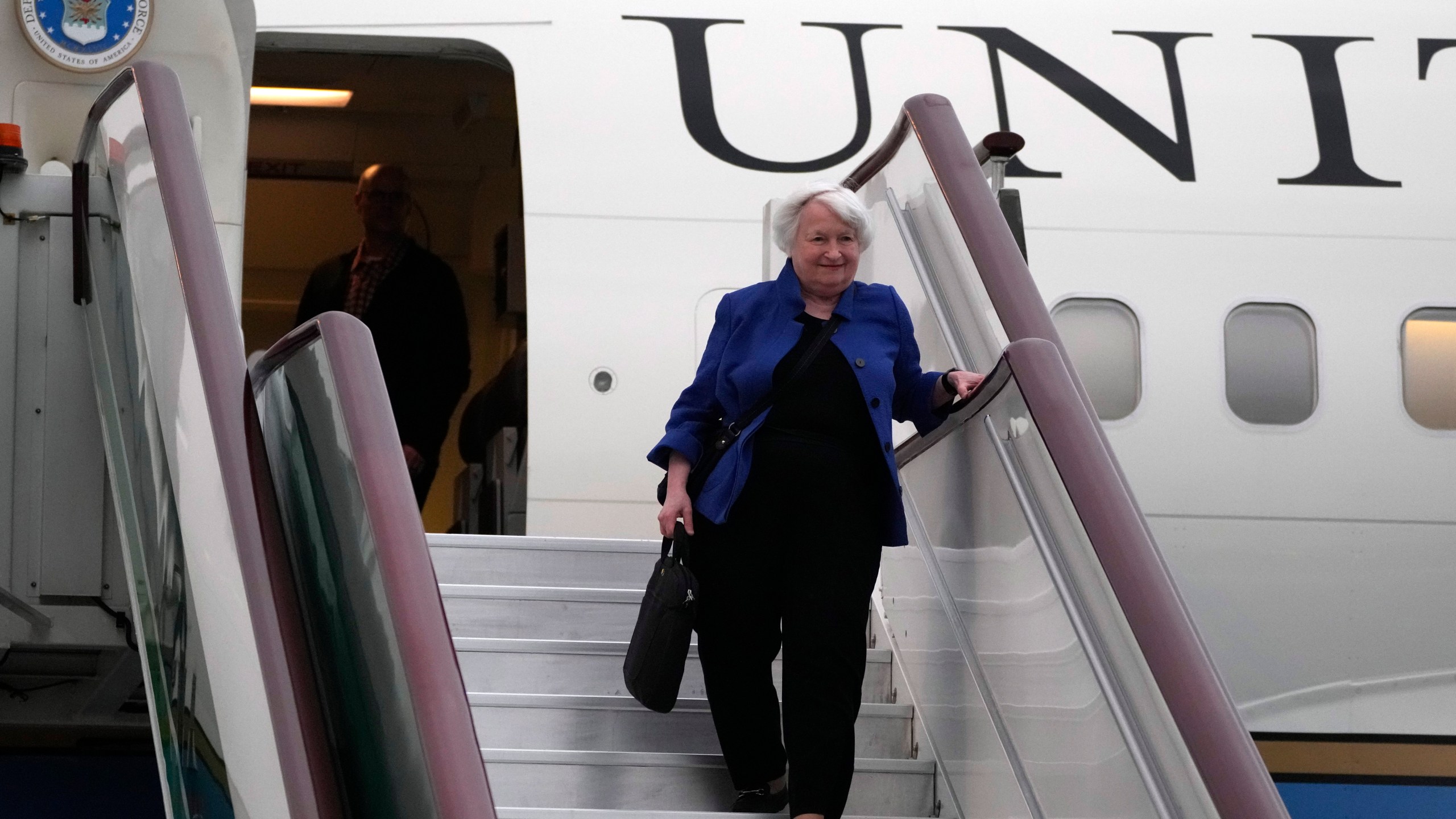 U.S. Treasury Secretary Janet Yellen arrives on a plane at Guangzhou Baiyun Airport in southern China's Guangdong province, Thursday, April 4, 2024. Treasury Secretary Janet Yellen is heading to a China that is determined to avoid open conflict with the United States. (AP Photo/Andy Wong, Pool)