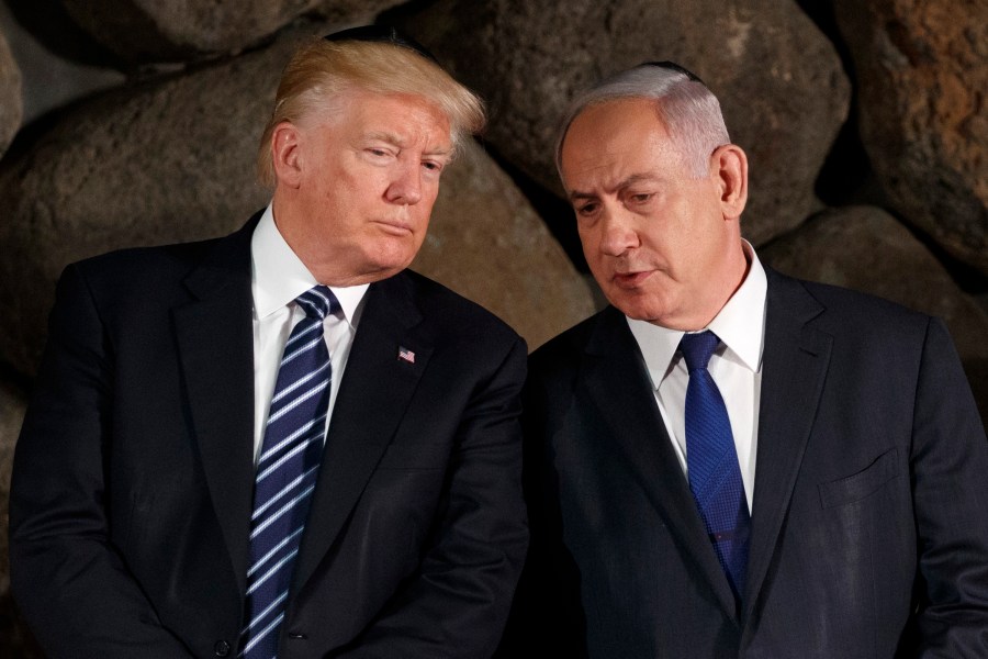 FILE - President Donald Trump, left, talks with Israeli Prime Minister Benjamin Netanyahu during a ceremony, May 23, 2017, in Jerusalem. Former President Donald Trump offered a tough message to Israel over its war against Hamas on Thursday, April 4, 2024, urging the country to "Get it over with." In an interview with conservative radio host Hugh Hewitt, Trump said that Israel is "absolutely losing the PR war," and called for a swift resolution to the bloodshed. (AP Photo/Evan Vucci, File)