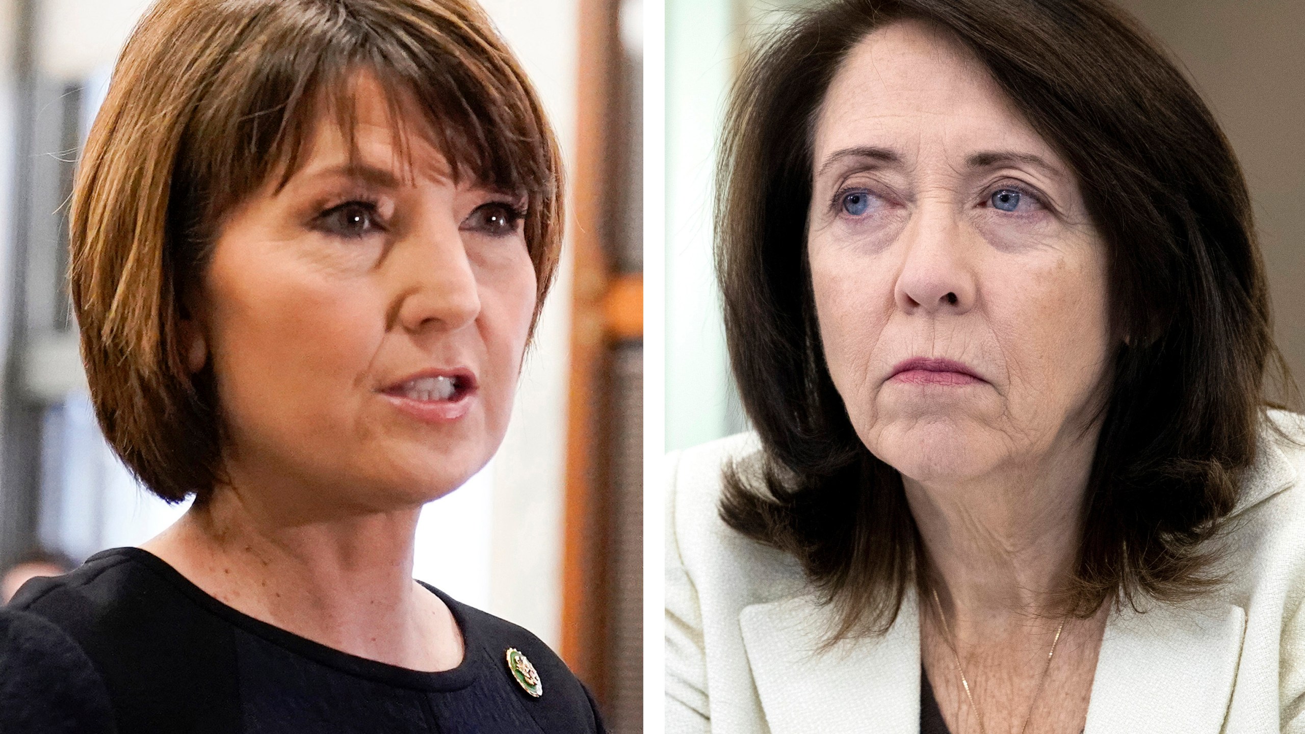 This combination of photos taken on Capitol Hill in Washington shows Rep. Cathy McMorris Rodgers, R-Wash., on March 23, 2023, left, and Sen. Maria Cantwell, D-Wash., on Nov. 3, 2021. The two lawmakers from opposing parties are floating a new plan to protect the privacy of Americans' personal data. The draft legislation was announced Sunday, April 7, 2024, and would make privacy a consumer right and set new rules for companies that collect and transfer personal data. (AP Photo)