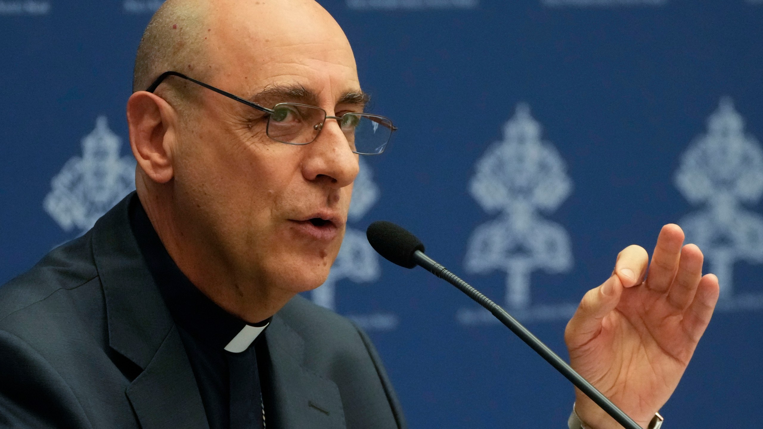 The prefect of the Vatican's Dicastery for the Doctrine of the Faith, Cardinal Victor Manuel Fernandez, presents the declaration 'Dignitas Infinita' (Infinite Dignity) during a press conference at the Vatican, Monday, April 8, 2024. (AP Photo/Gregorio Borgia)