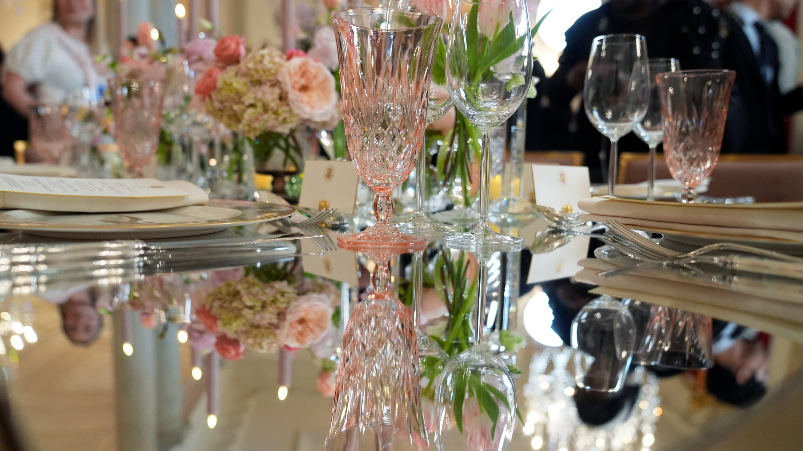 Tables are decorated during a press preview at the White House in Washington, Tuesday, April 9, 2024, for the State Dinner for Japan's Prime Minister Fumio Kishida on Wednesday. (AP Photo/Susan Walsh)