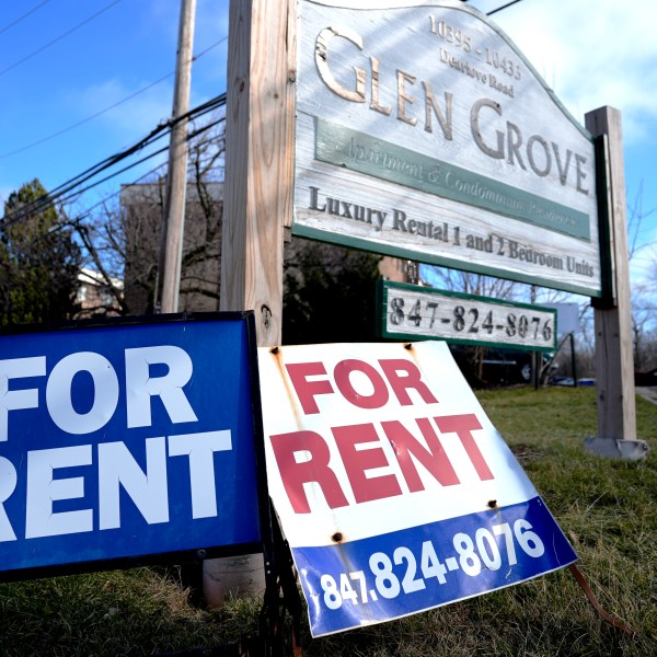 FILE - Signs for apartment rentals are displayed in Glenview, Ill., on Jan. 29, 2024. Consumer inflation remained persistently high last month, boosted by gas, rents, auto insurance and other items, the government said Wednesday. (AP Photo/Nam Y. Huh)